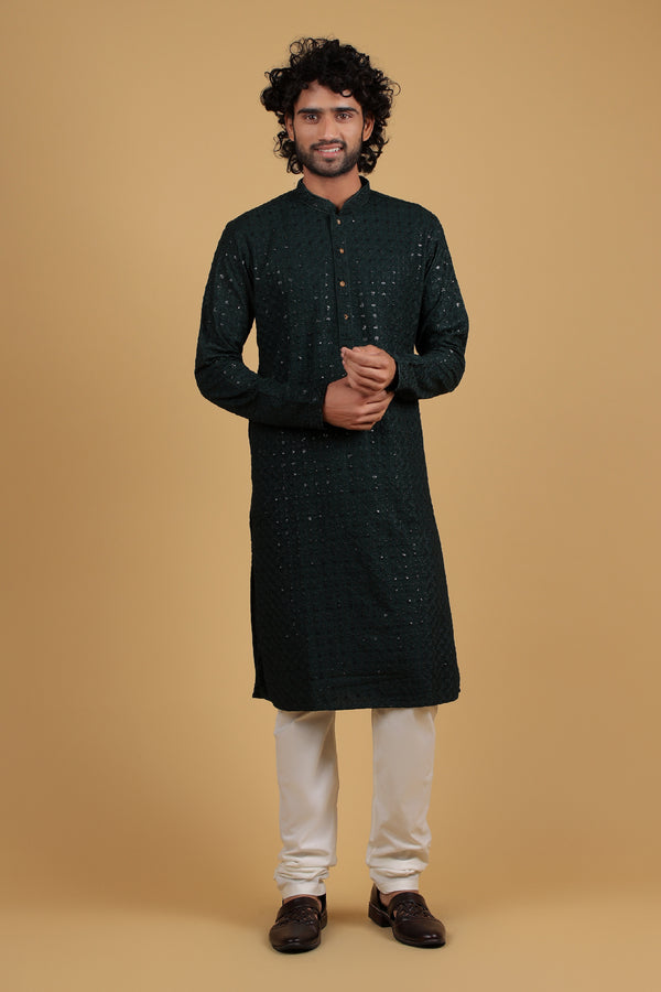 Nocturne Green Sequin Rayon Kurta