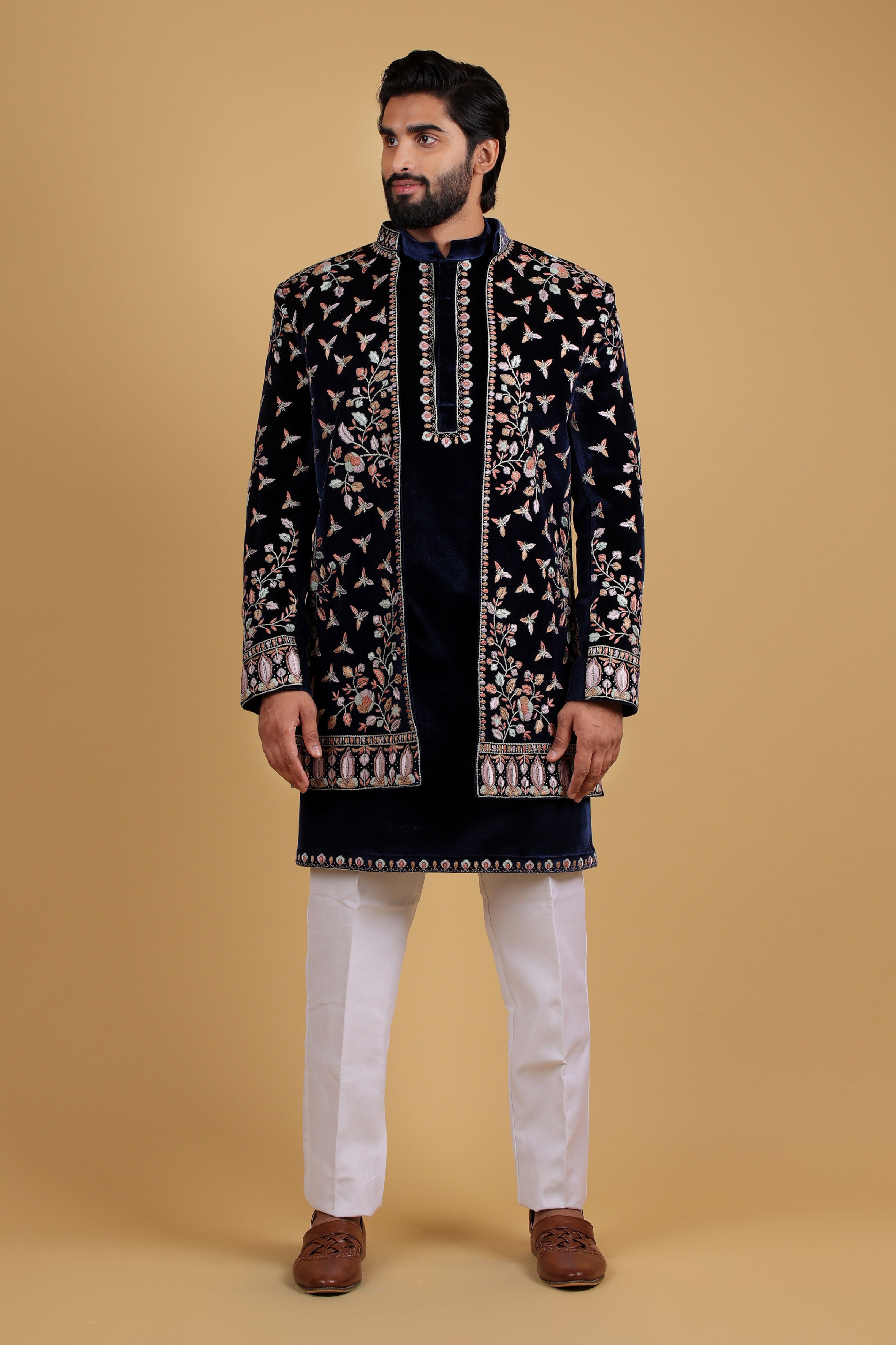 Roasty Blue Regal Kasab Cutdana Handcrafted Indo-Western Ensemble