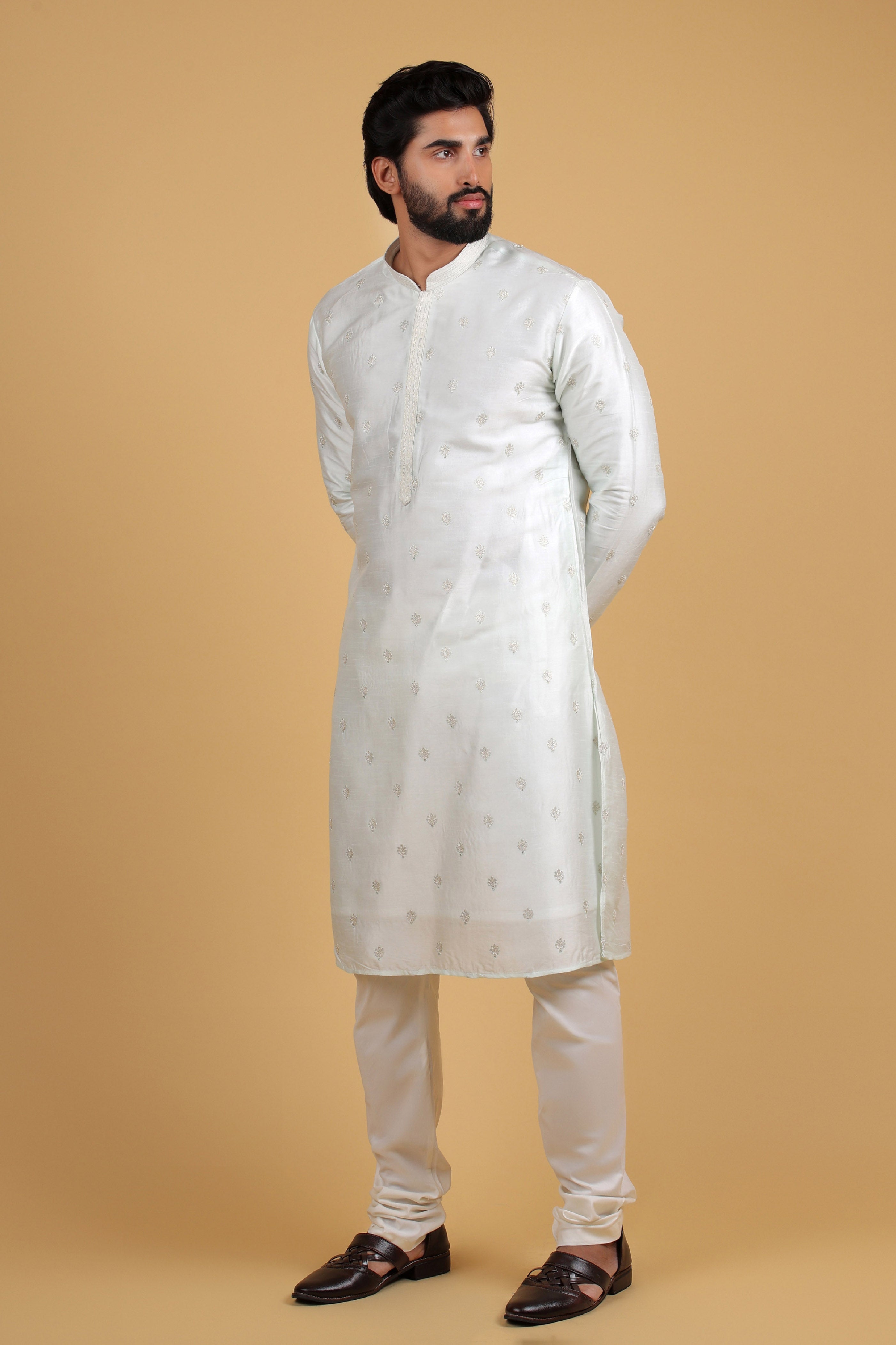 Misty Sea Green Rado Silk Kurta with Resham Detailing