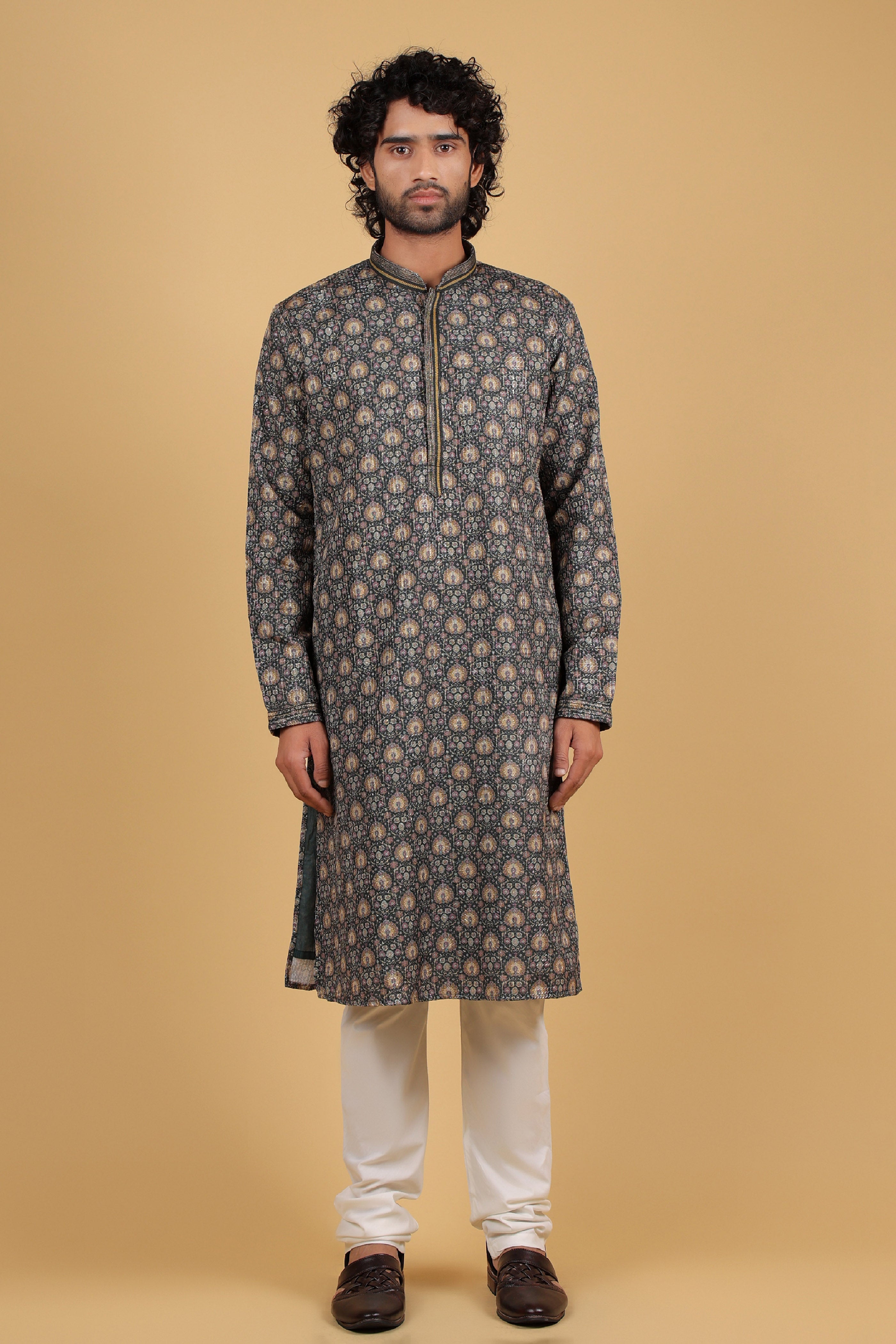 Regal Mehndi Green Zari Embroidered Kurta