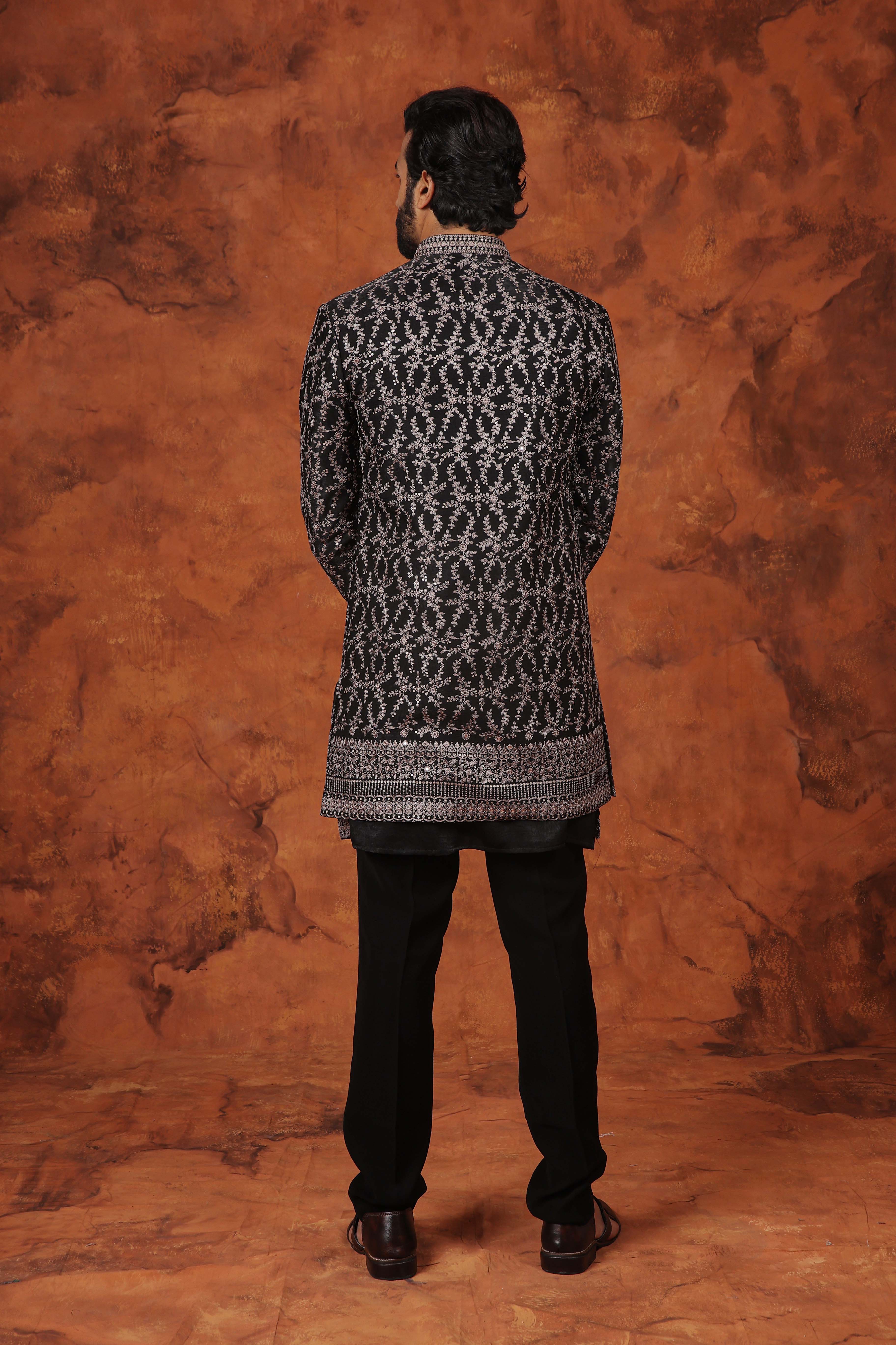 Black and Silver Embroidered Bandhgala Suit