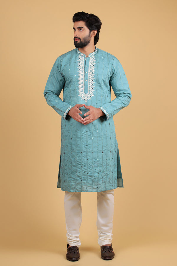 Celestial Greenish Grey Chanderi Mirror Work Kurta