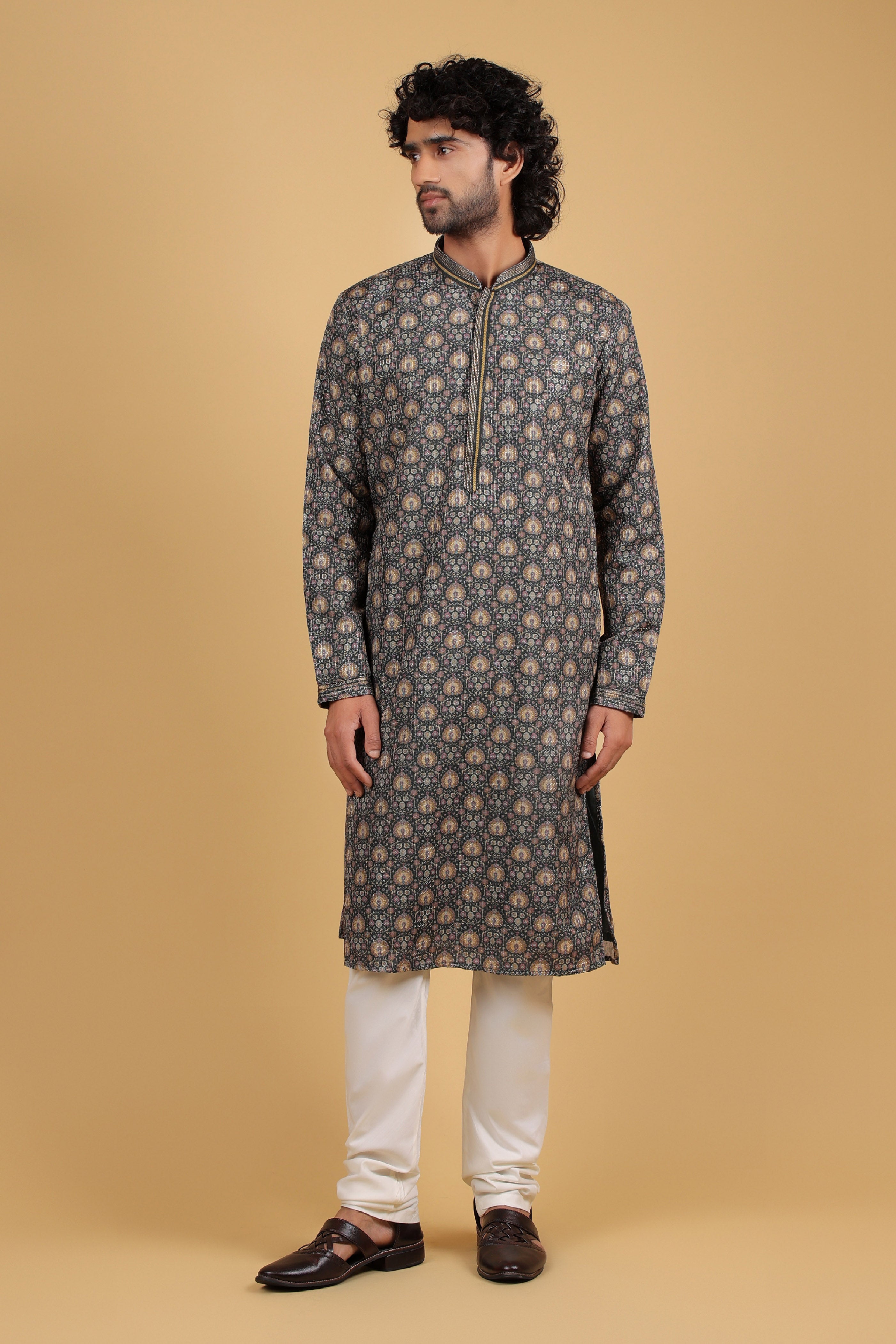 Regal Mehndi Green Zari Embroidered Kurta