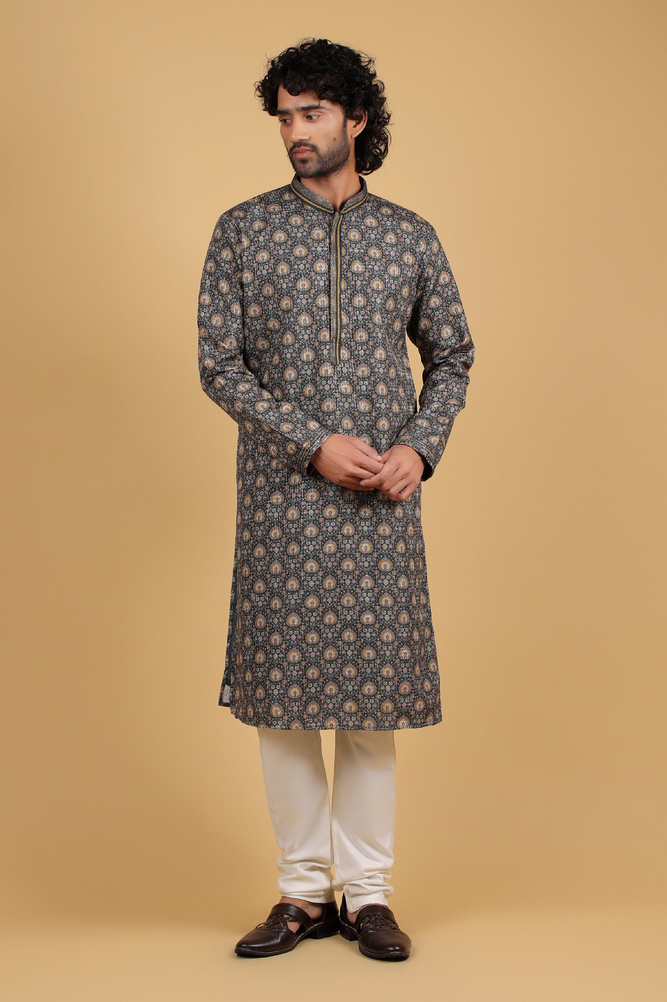 Regal Mehndi Green Zari Embroidered Kurta