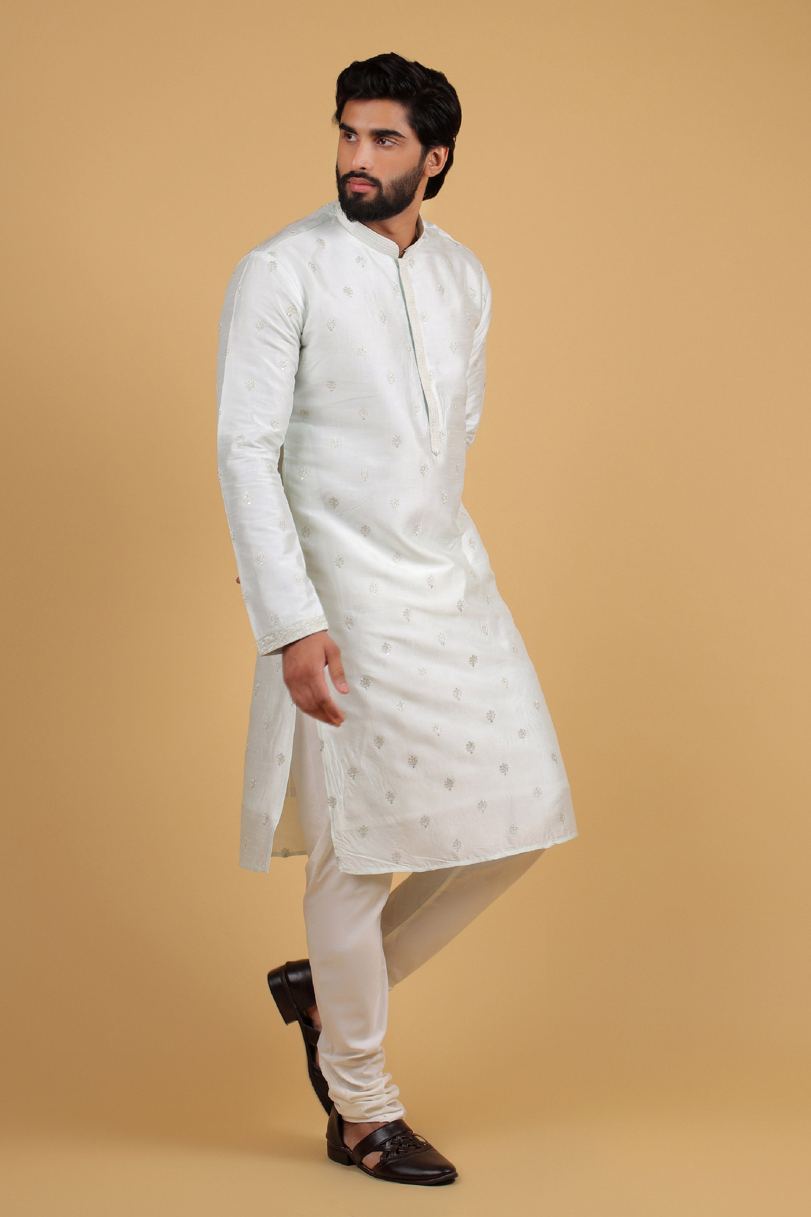 Misty Sea Green Rado Silk Kurta with Resham Detailing