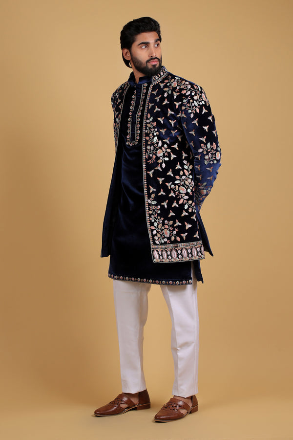 Roasty Blue Regal Kasab Cutdana Handcrafted Indo-Western Ensemble
