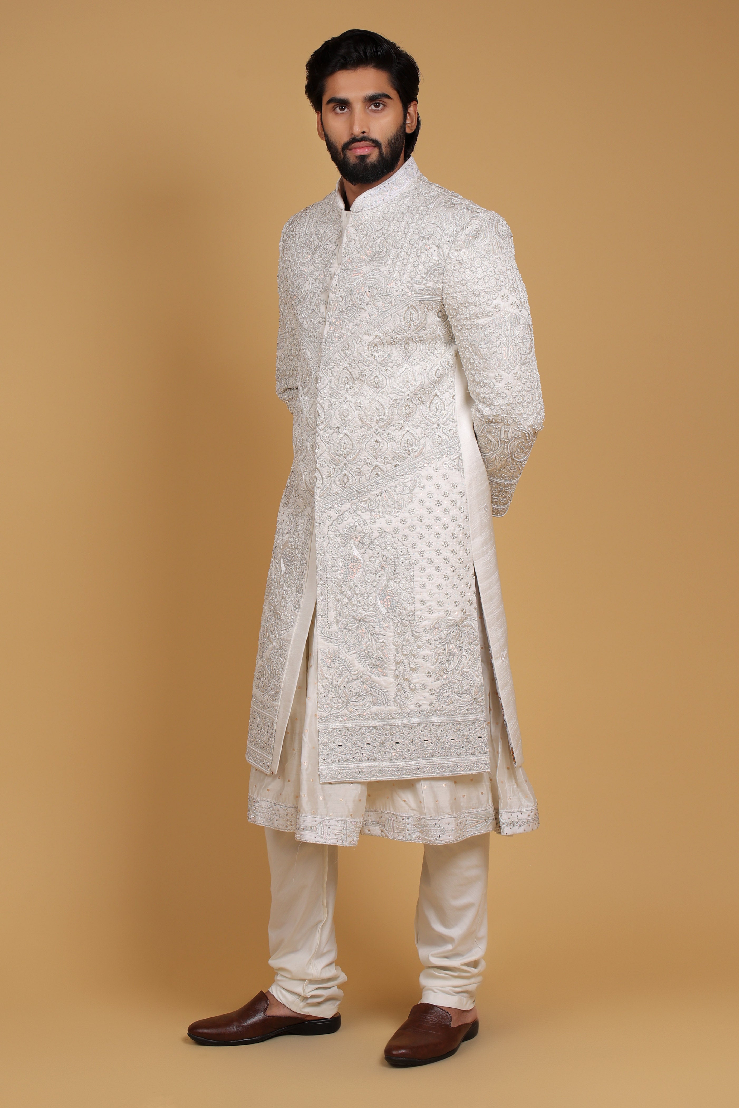 Imperial Cream Mulberry Silk Sherwani with Regal Embroidery