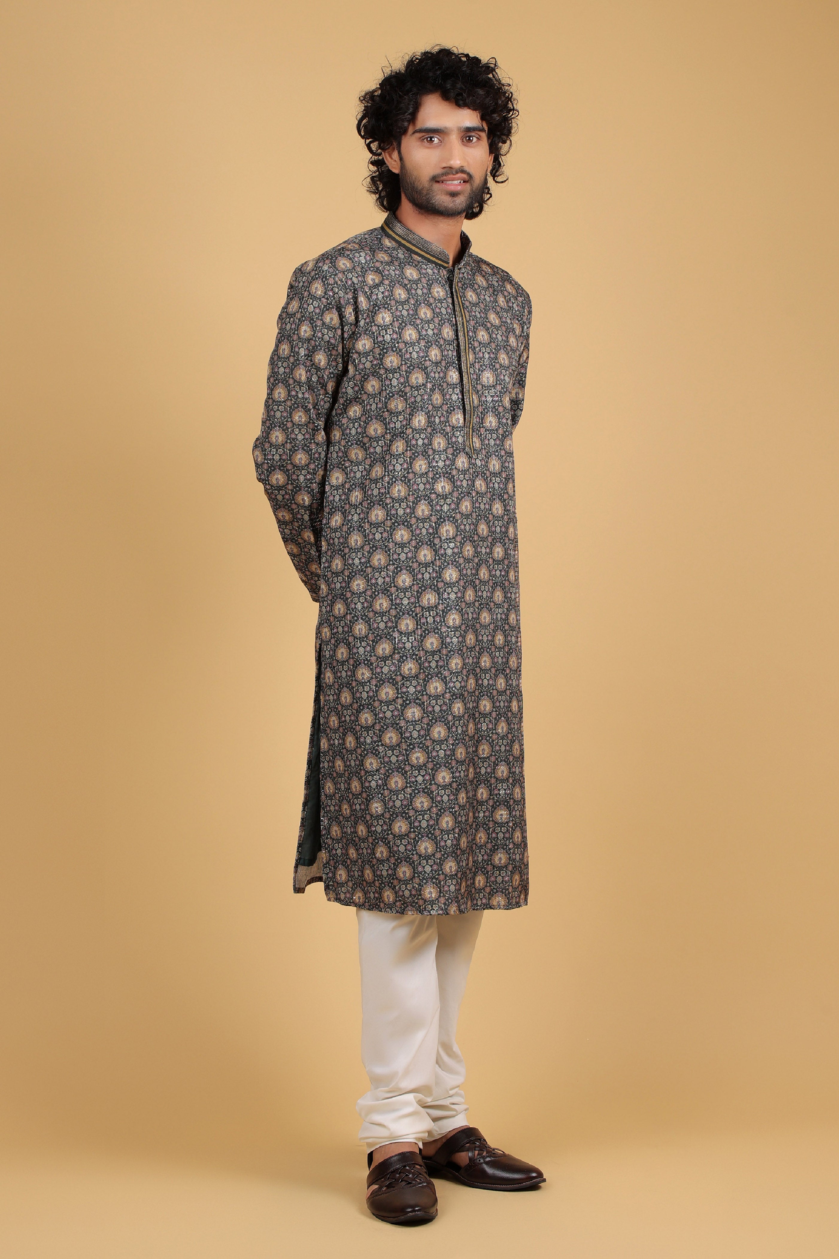 Regal Mehndi Green Zari Embroidered Kurta