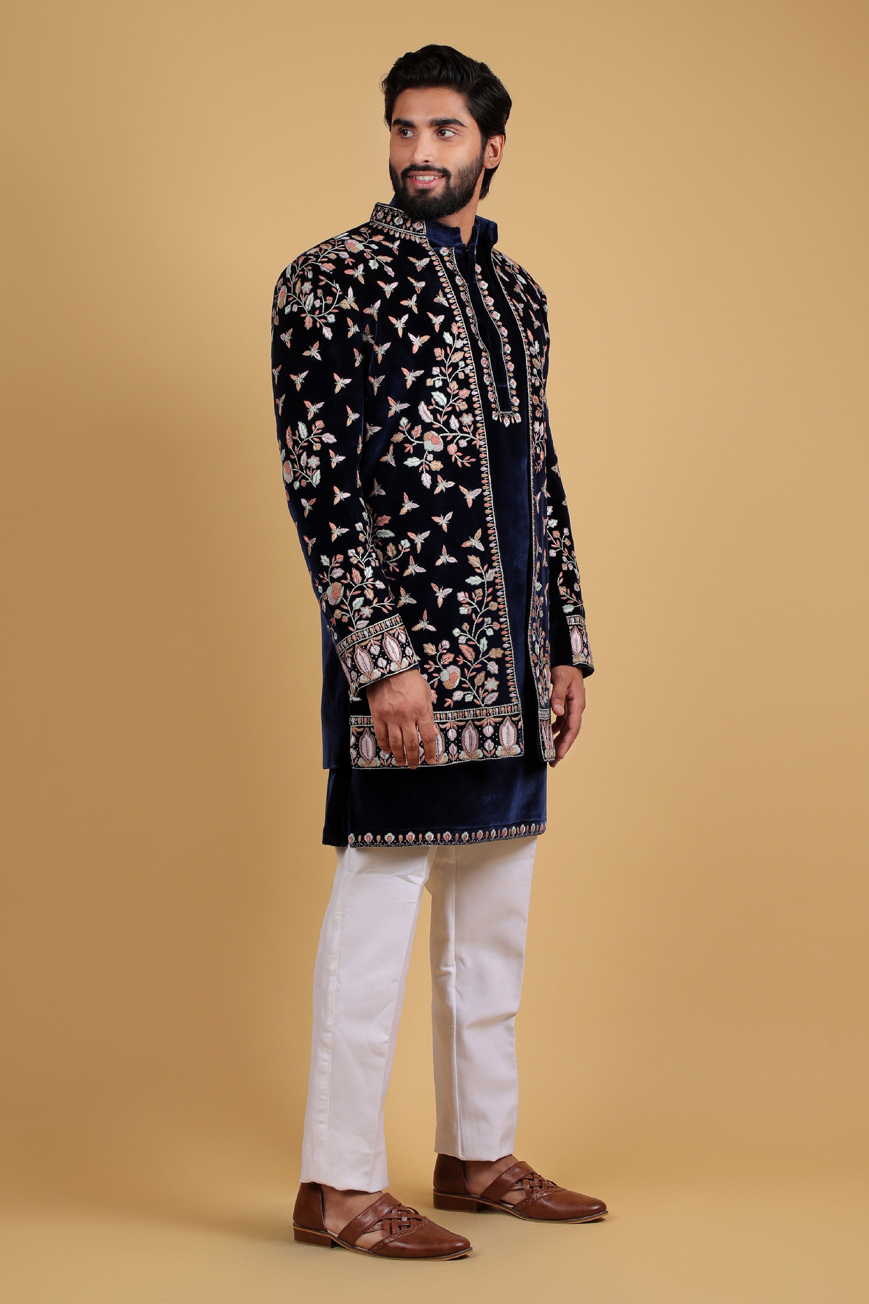 Roasty Blue Regal Kasab Cutdana Handcrafted Indo-Western Ensemble