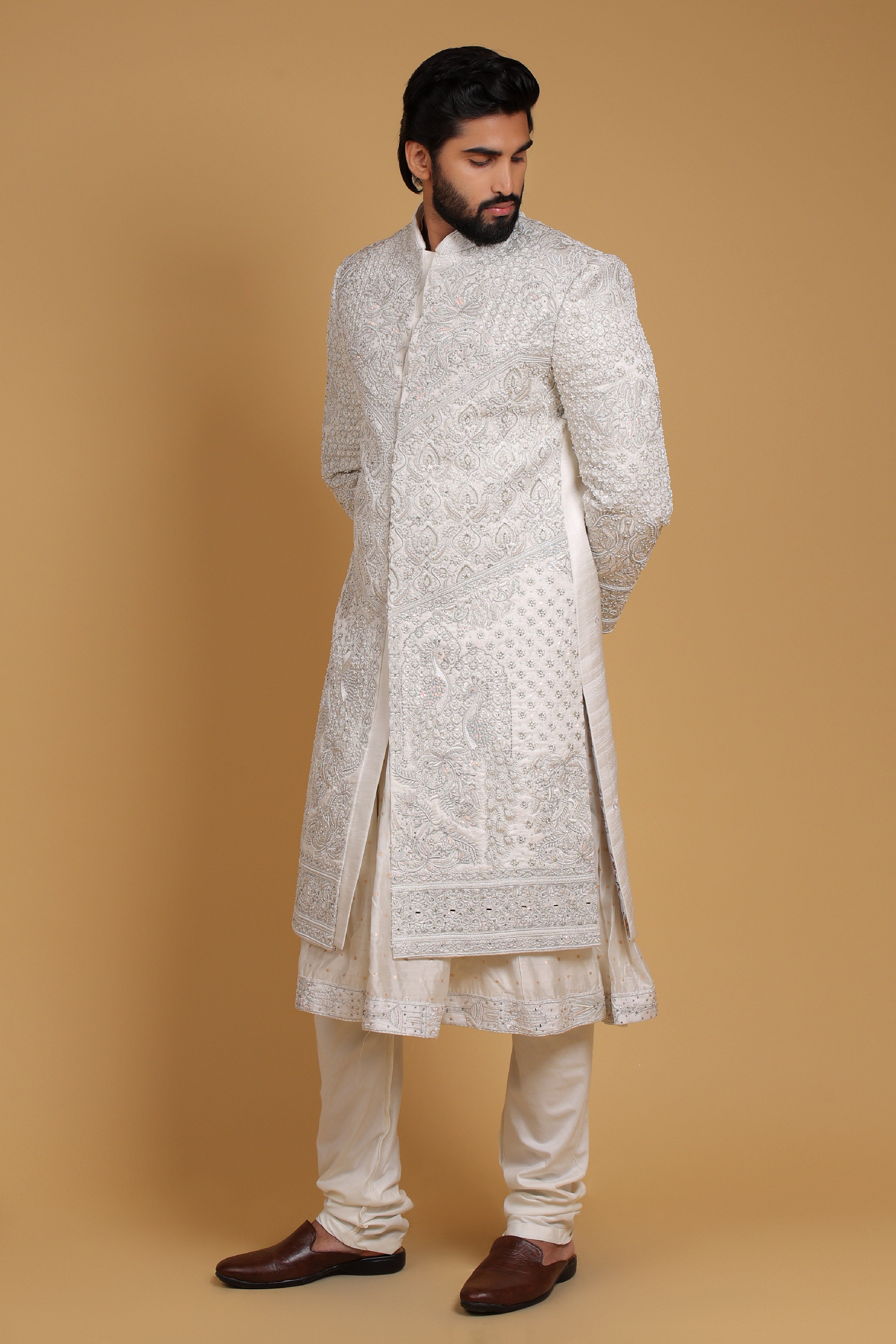 Imperial Cream Mulberry Silk Sherwani with Regal Embroidery