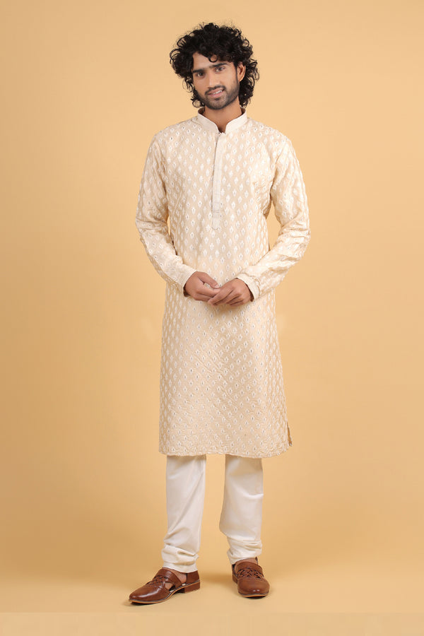 Regal Cream Threadwork Silk Kurta