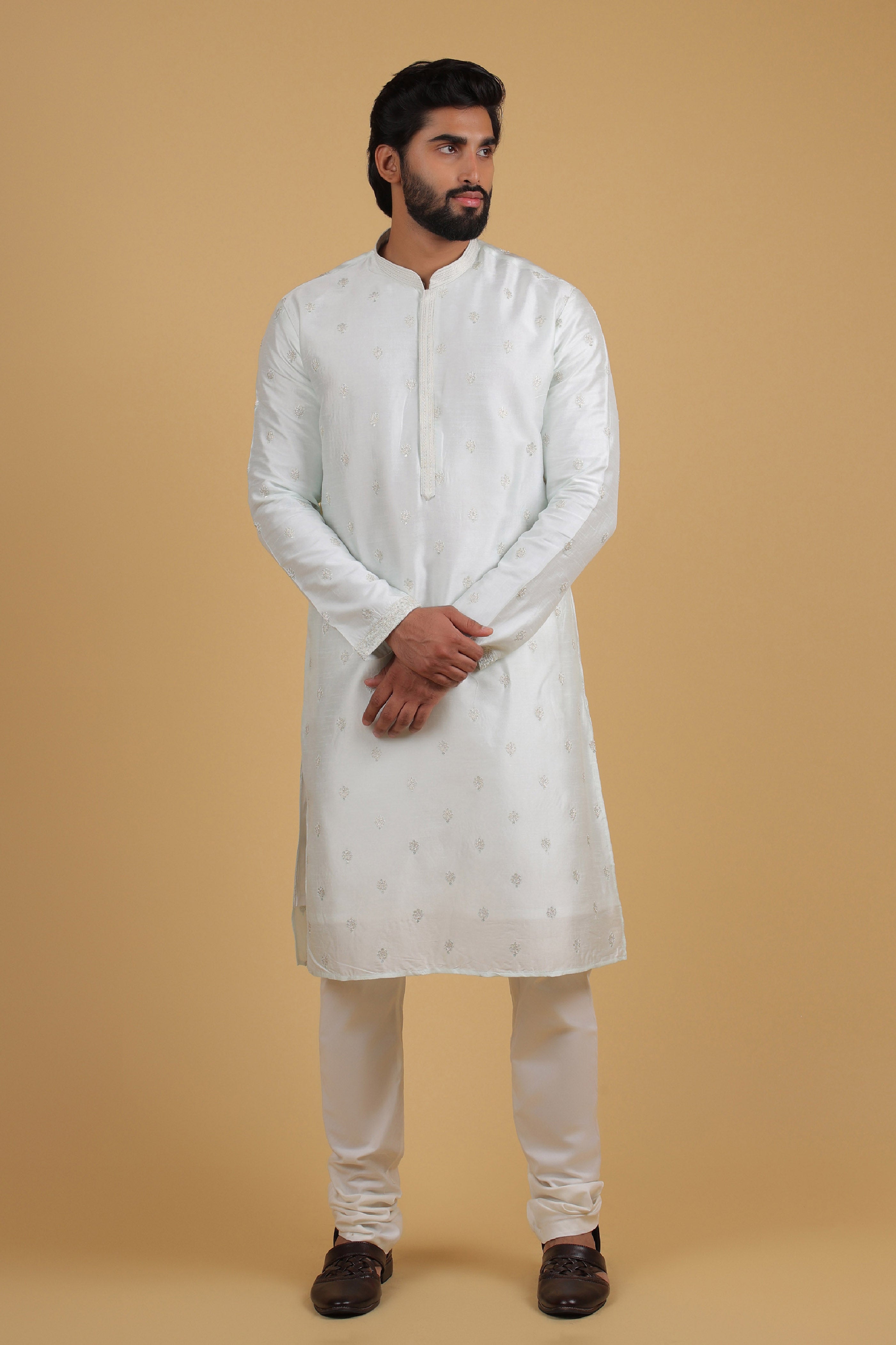 Misty Sea Green Rado Silk Kurta with Resham Detailing