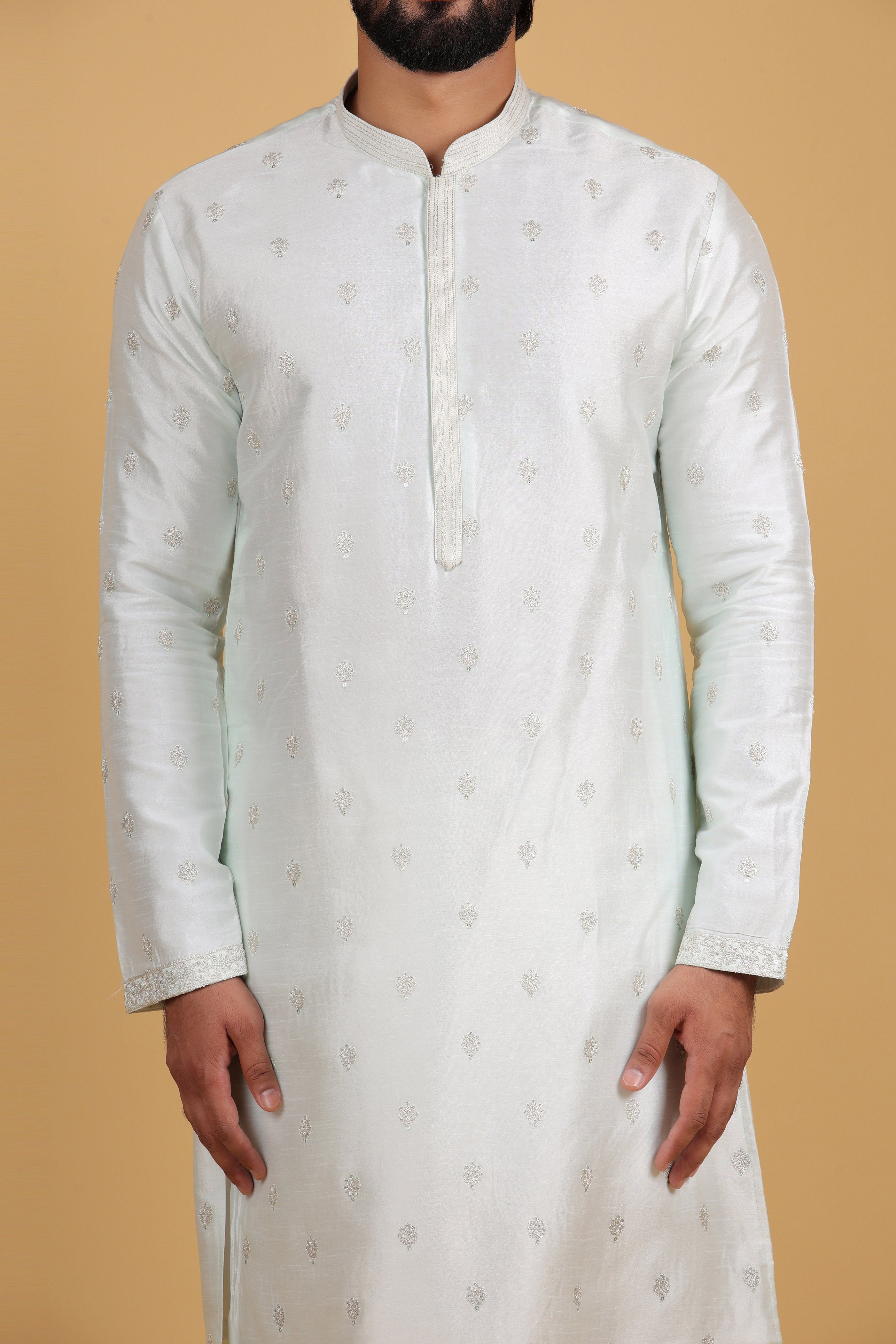 Misty Sea Green Rado Silk Kurta with Resham Detailing