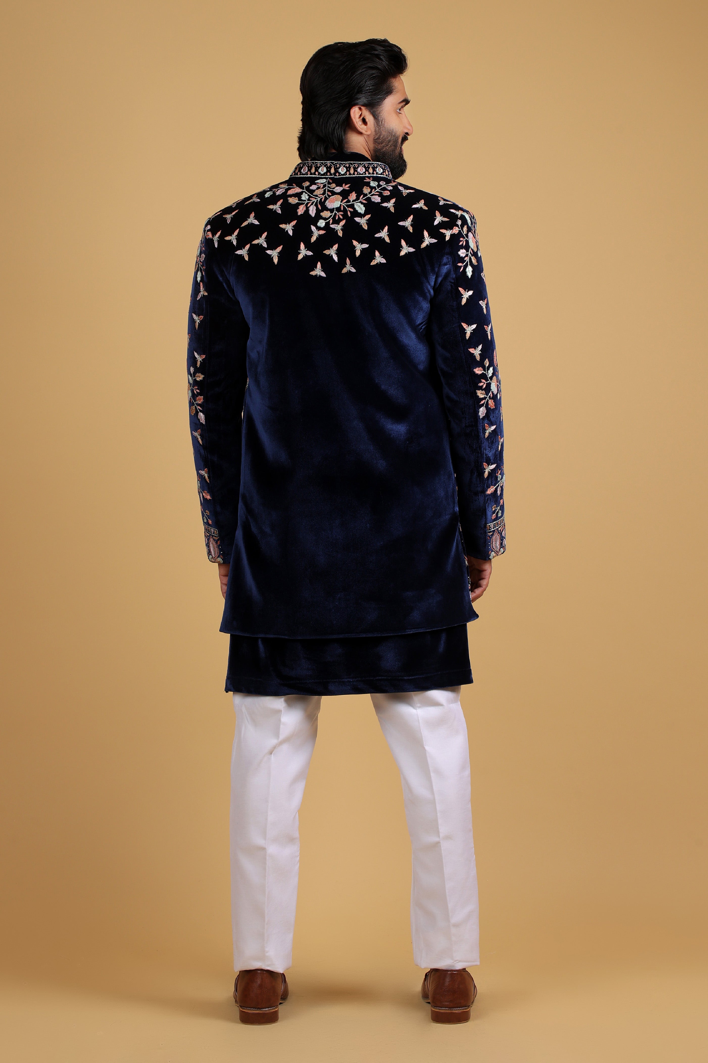 Roasty Blue Regal Kasab Cutdana Handcrafted Indo-Western Ensemble