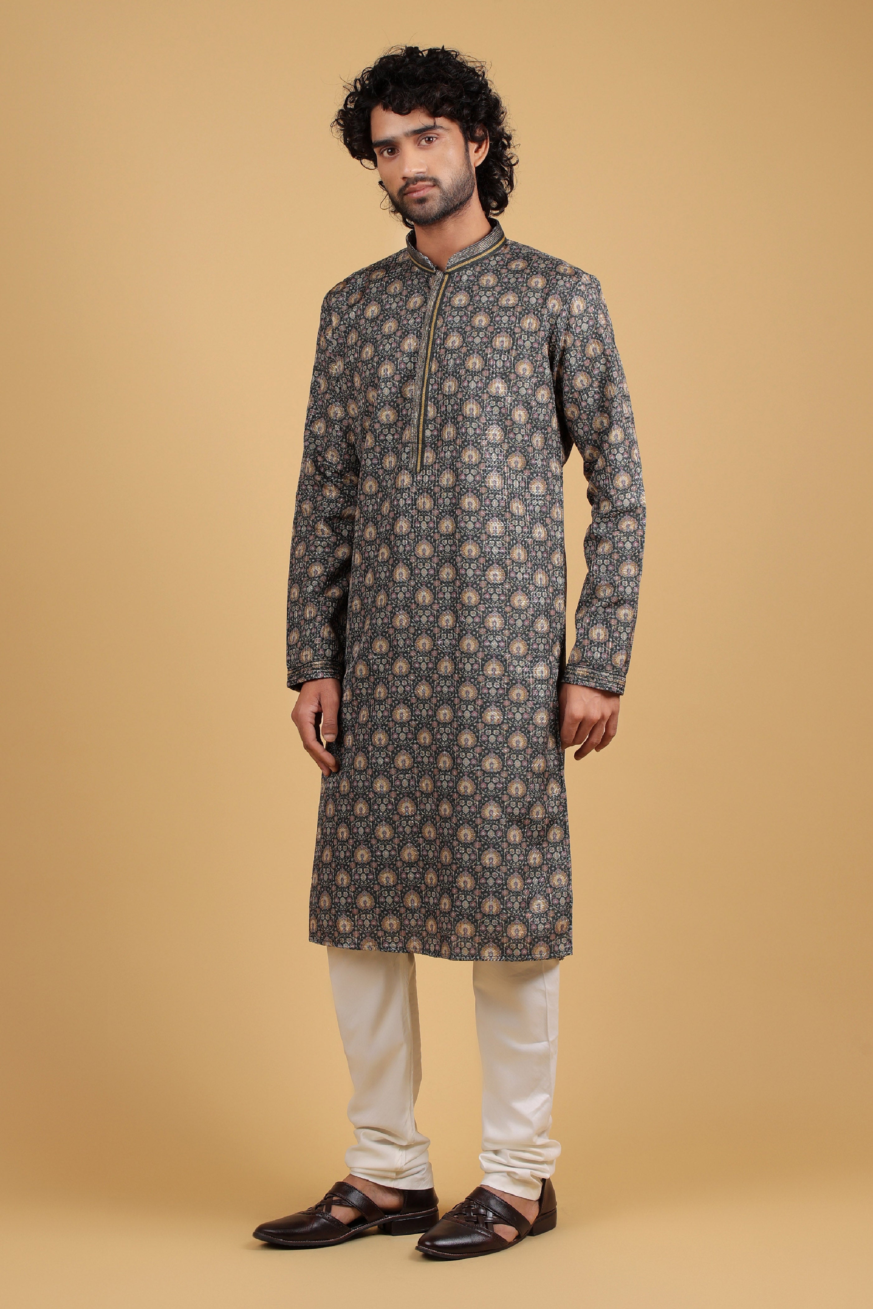 Regal Mehndi Green Zari Embroidered Kurta
