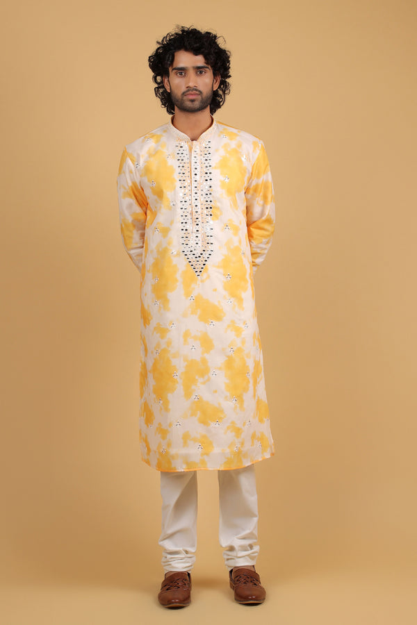 Yellow Ombrae Chanderi Silk Kurta with Real Mirror & Resham Embroidery