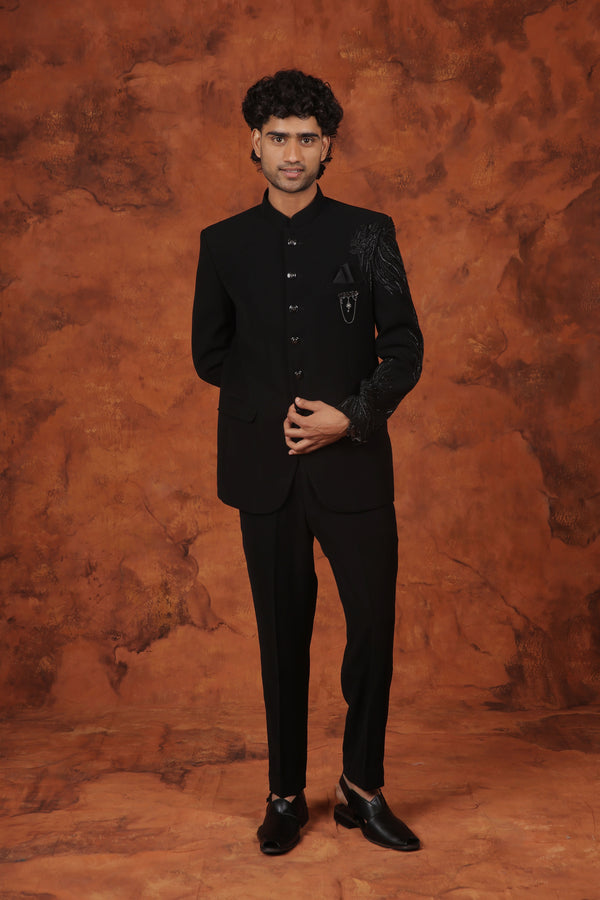Black Embroidered Bandhgala Suit