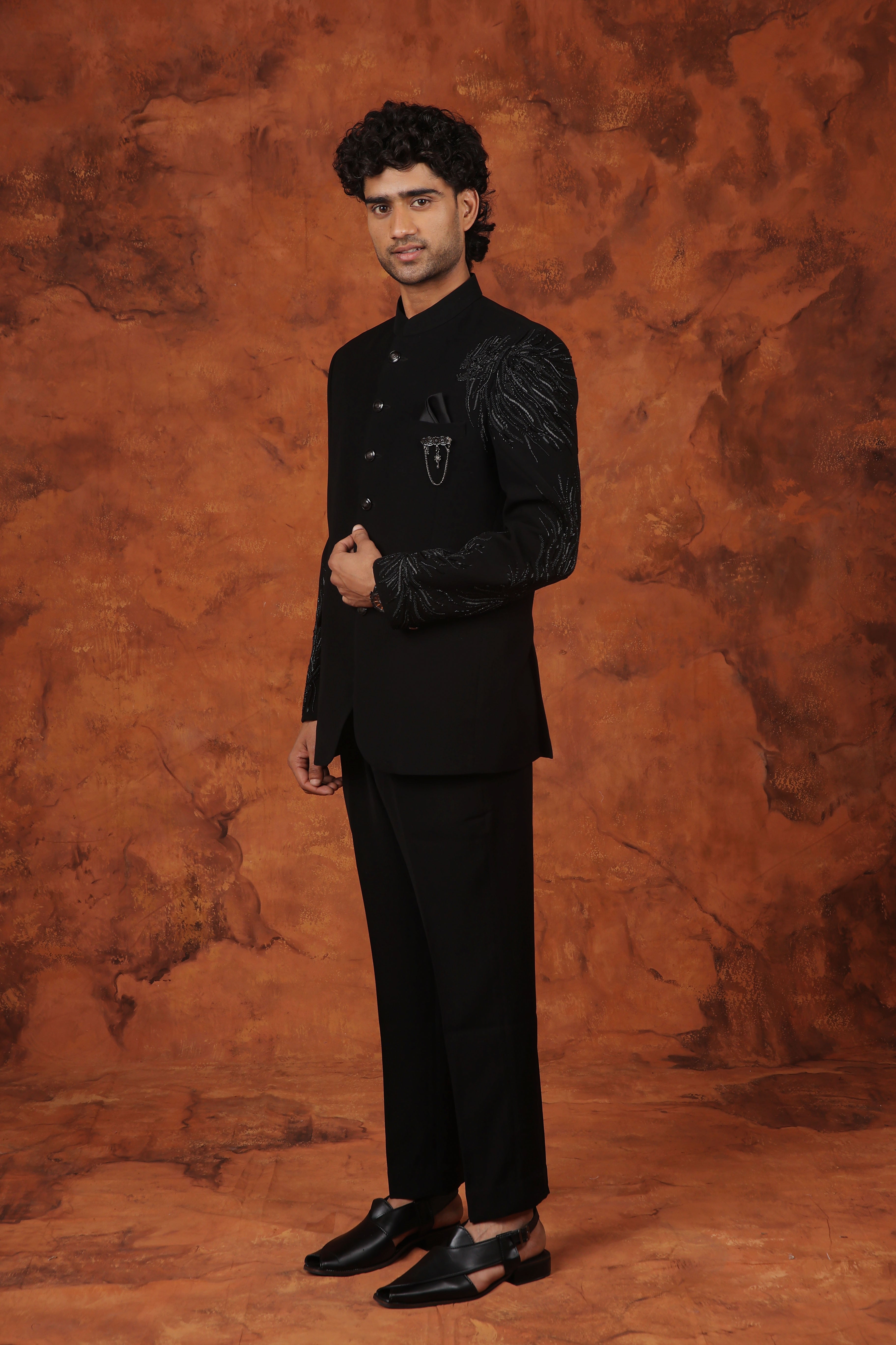 Black Embroidered Bandhgala Suit