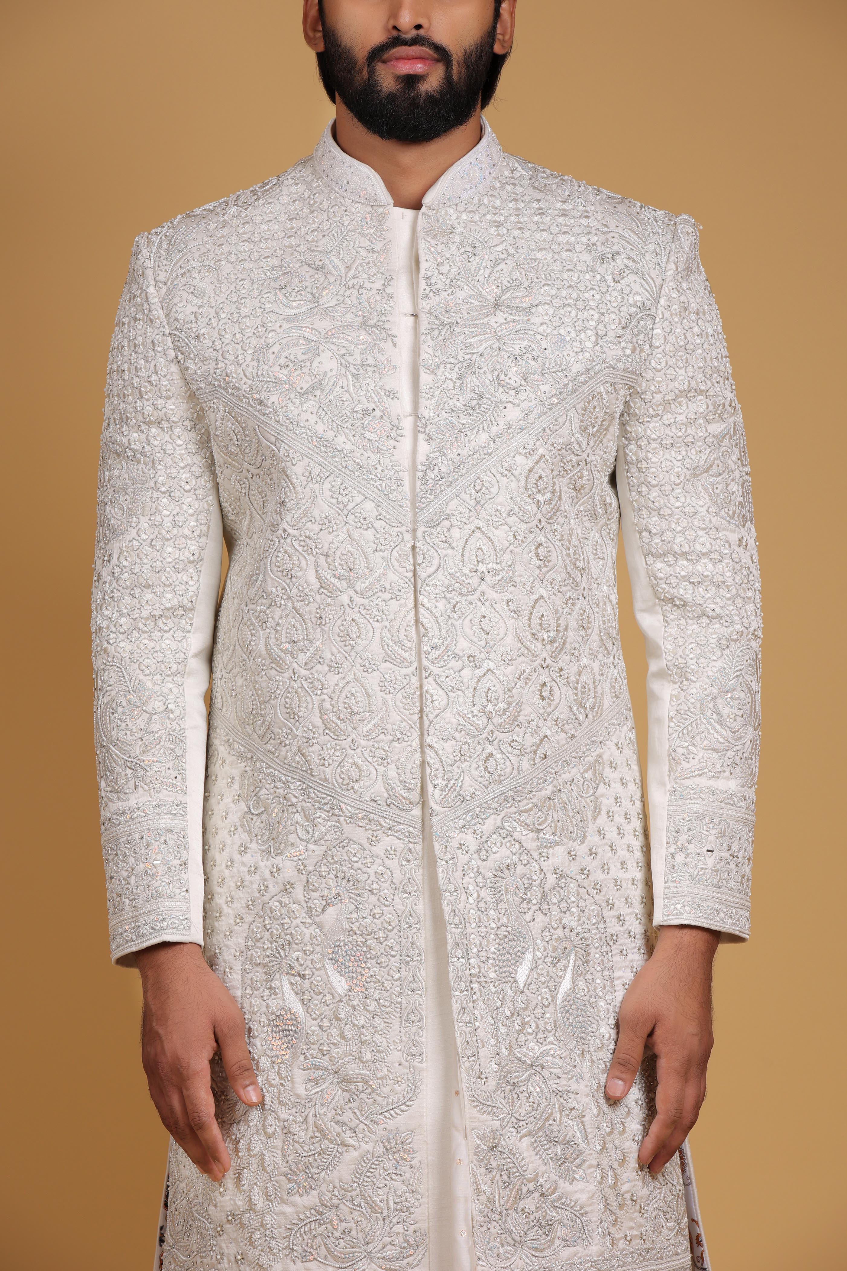 Imperial Cream Mulberry Silk Sherwani with Regal Embroidery