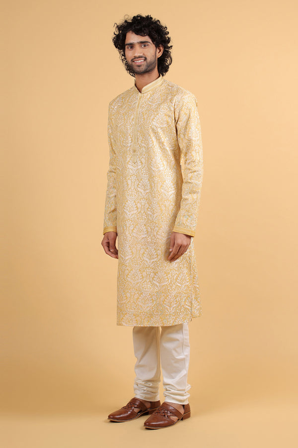 Zarif Mustard Embroidered Velvet Kurta