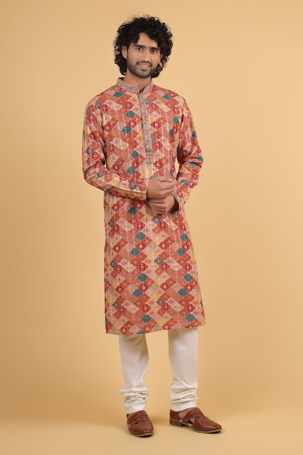 Rust Heritage Mosaic Chanderi Silk Kurta