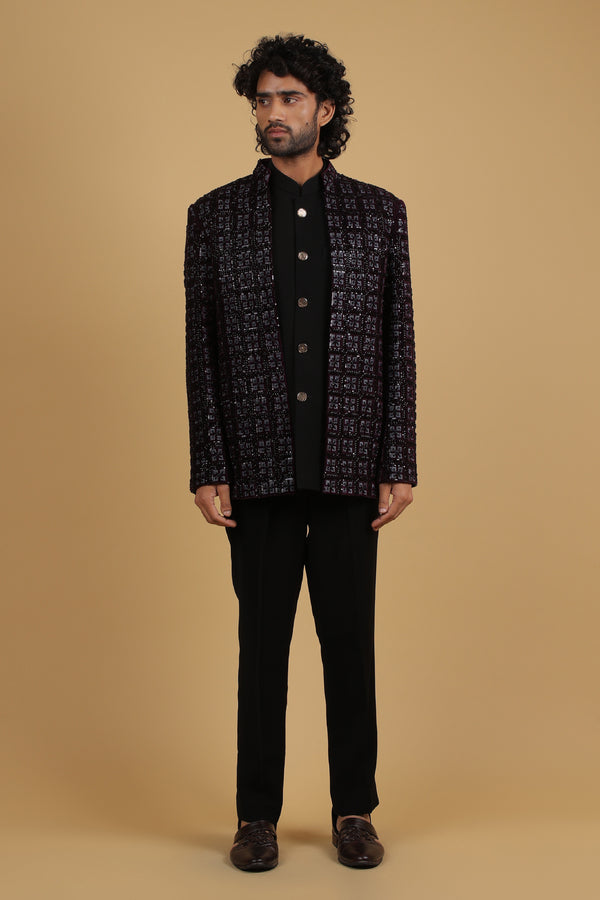 Imperial Wine Cutdana Handcrafted Jodhpuri Ensemble