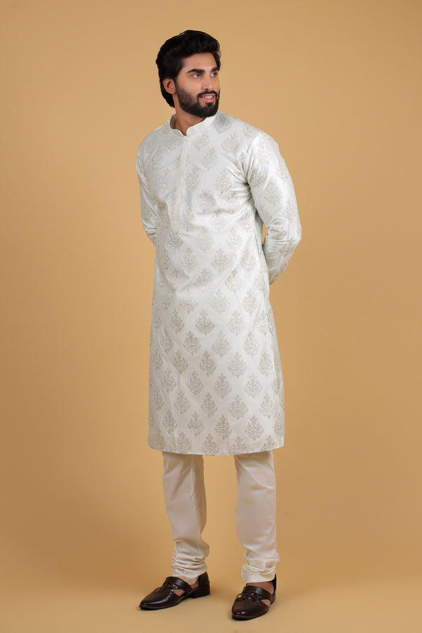 Misty Sea Green Rado Silk Kurta with Zari & Resham Embroidery