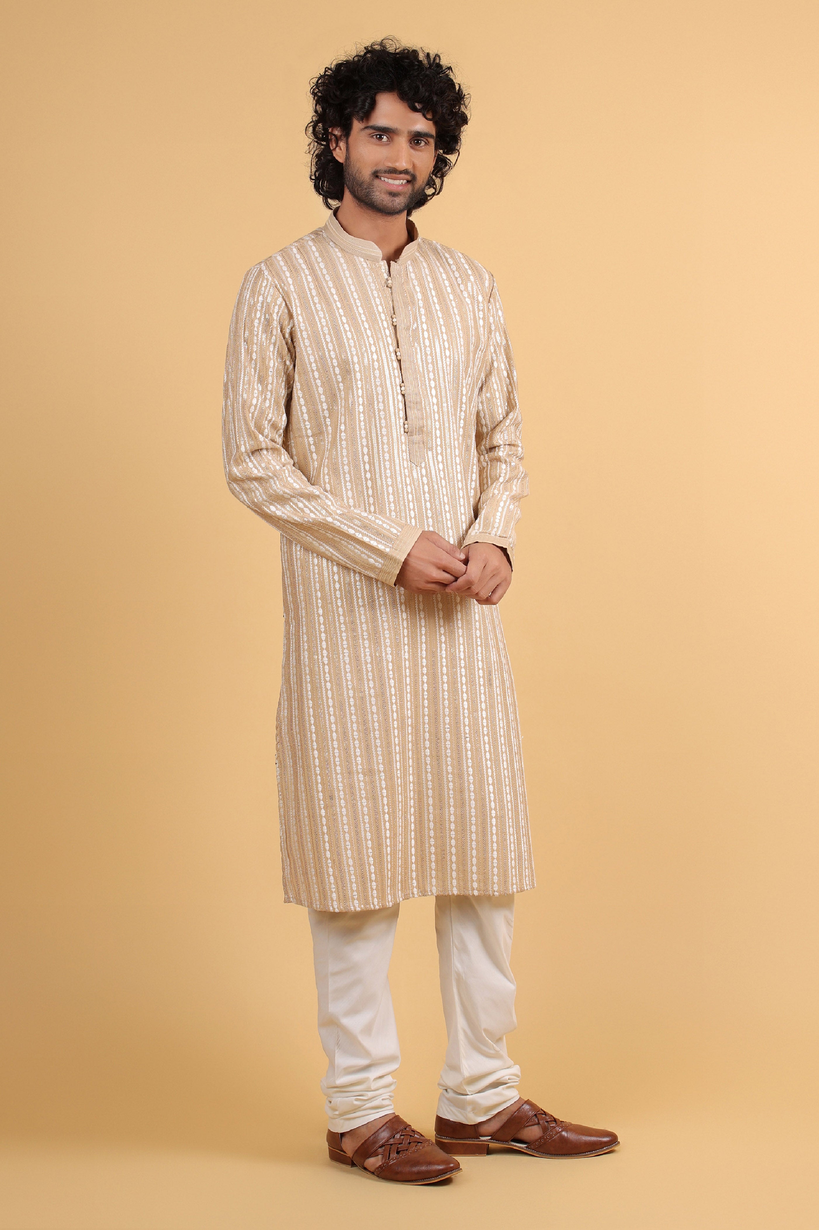 Beige Chanderi Kurta with Resham and Zari Embroidery