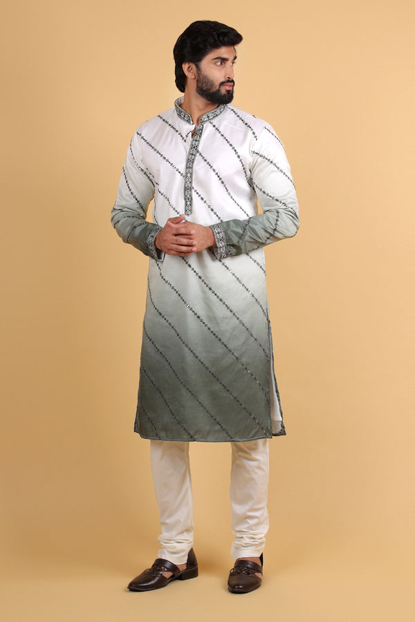 OmbrÃ© Green Mirror Embroidered Silk Kurta