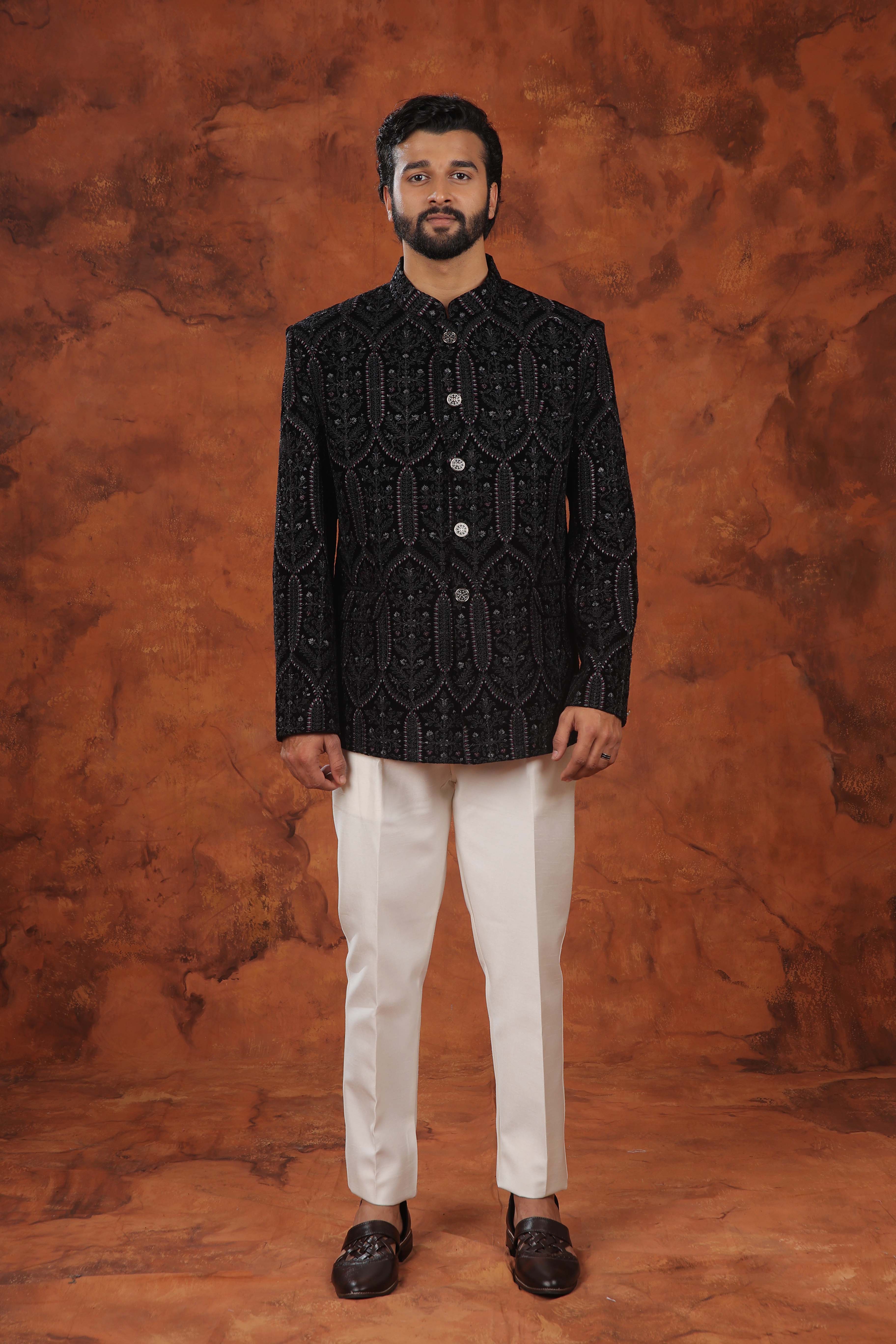 Black Textured Embroidered Bandhgala Suit
