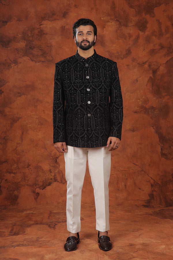 Black Textured Embroidered Bandhgala Suit