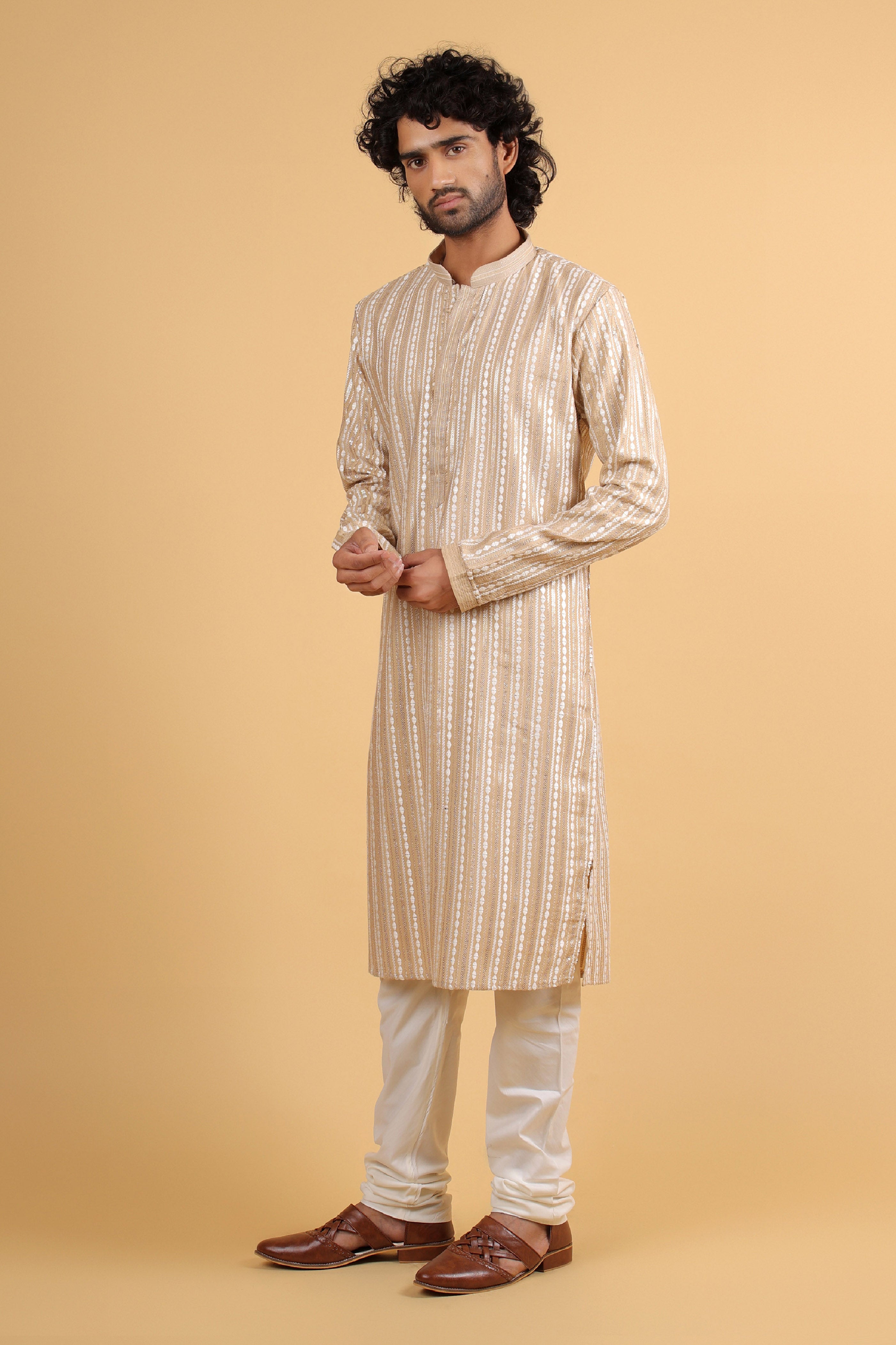 Beige Chanderi Kurta with Resham and Zari Embroidery