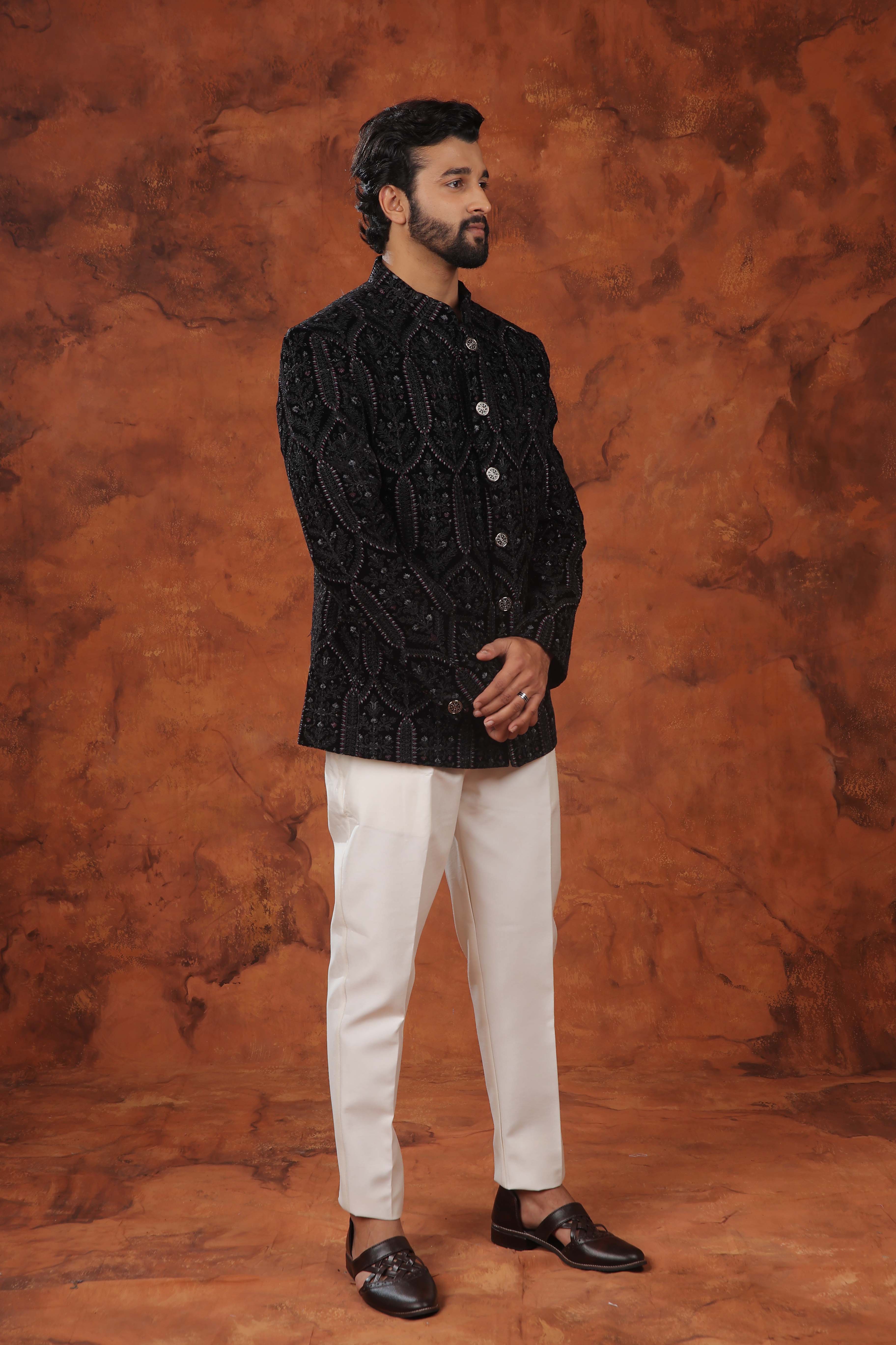 Black Textured Embroidered Bandhgala Suit