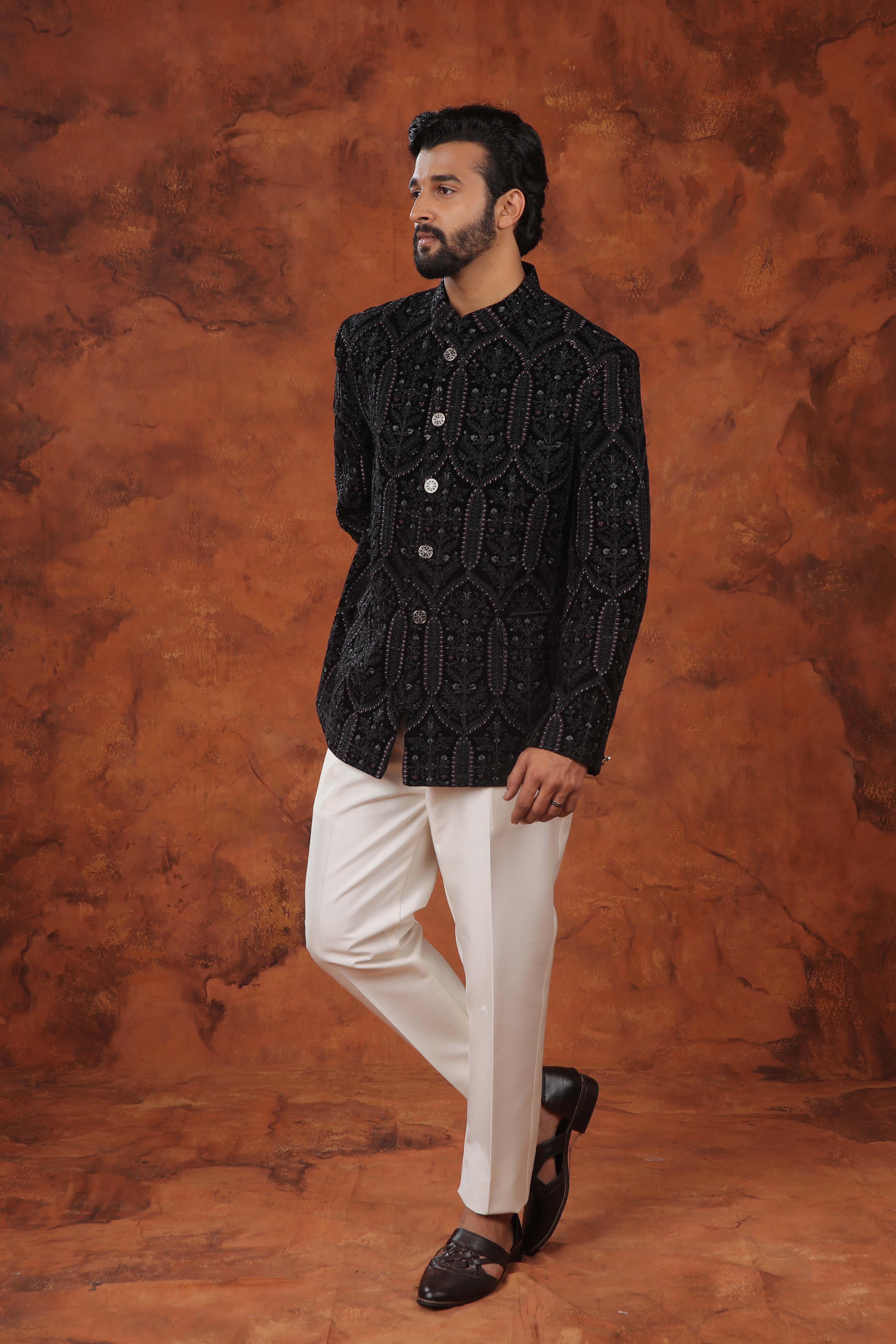 Black Textured Embroidered Bandhgala Suit