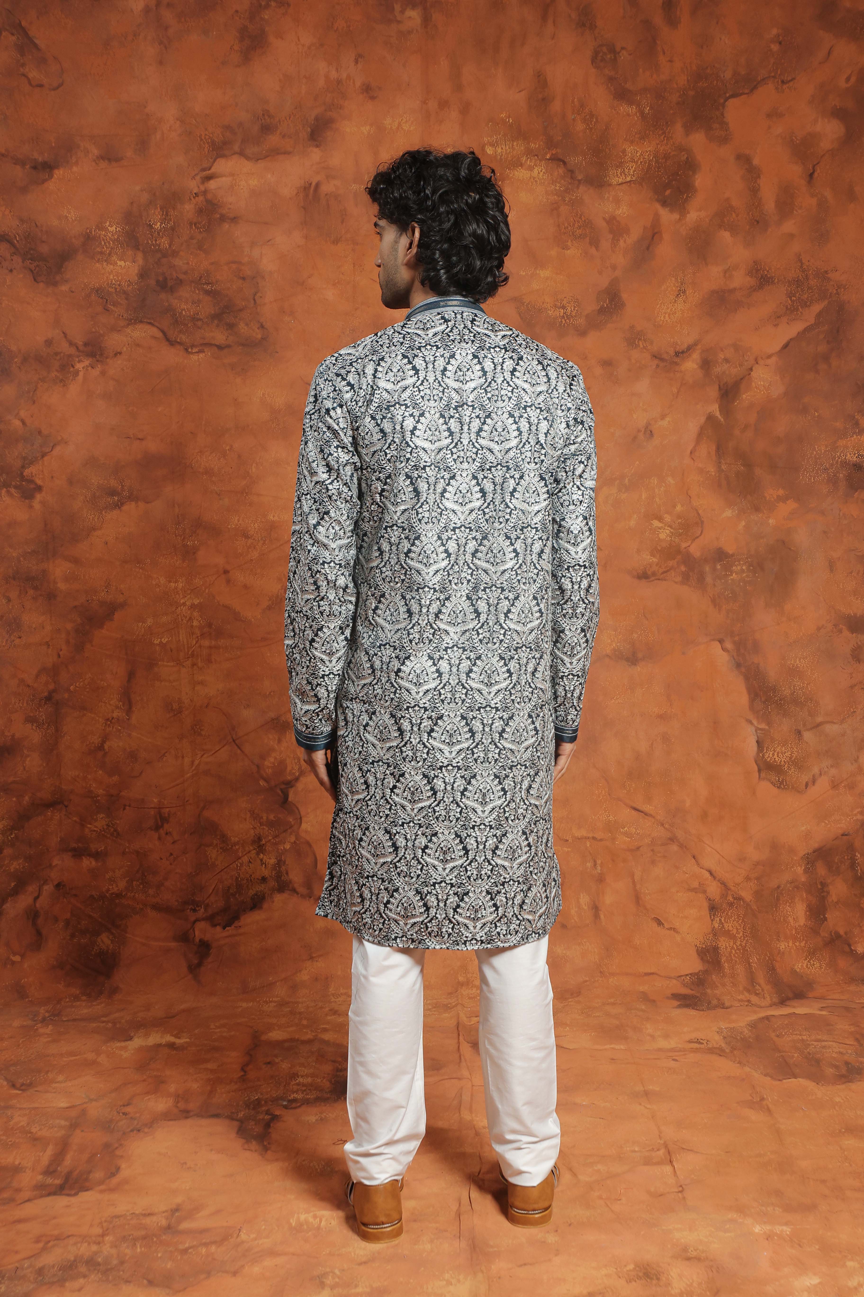 Black and Silver Brocade Kurta