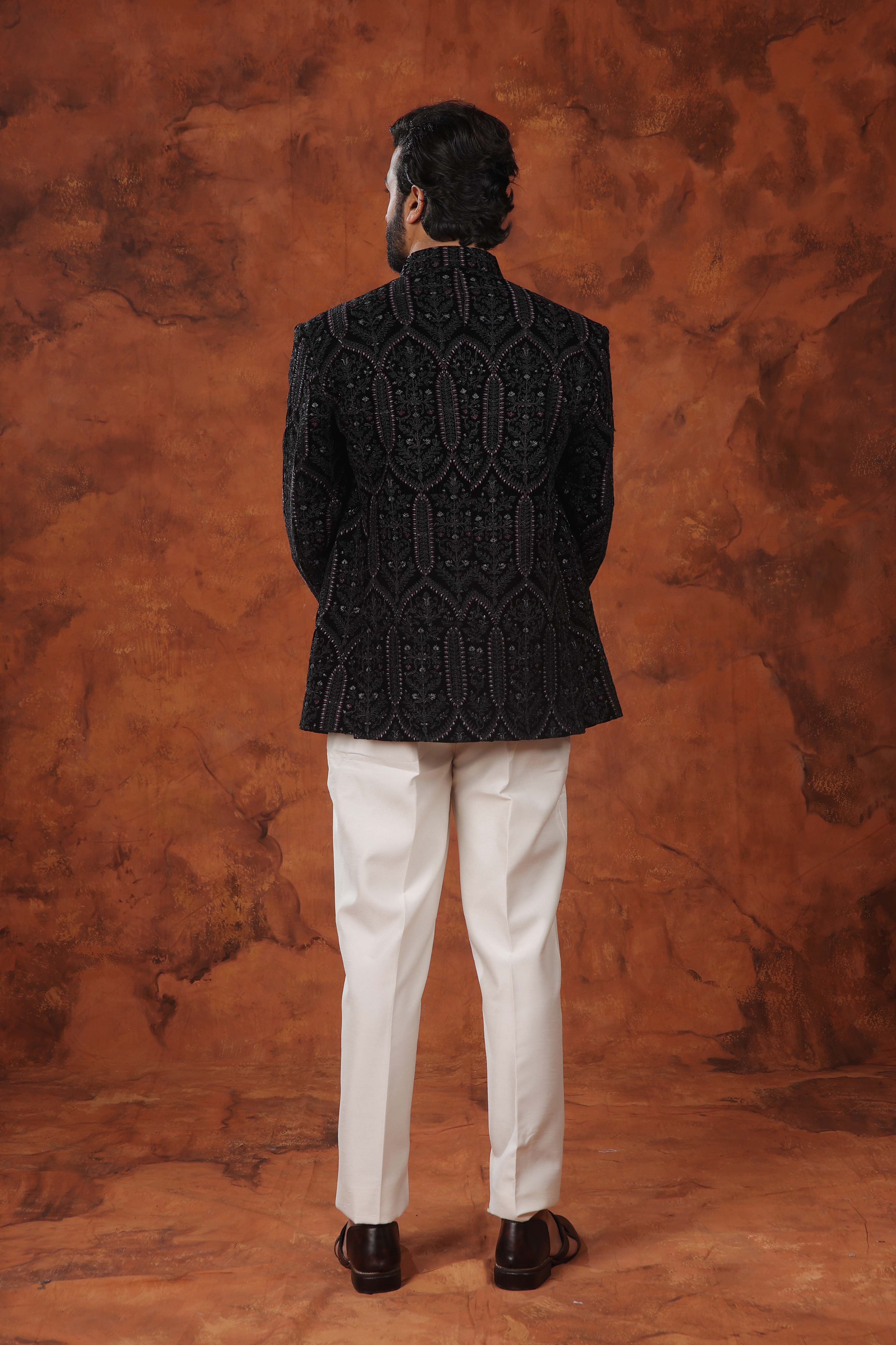Black Textured Embroidered Bandhgala Suit