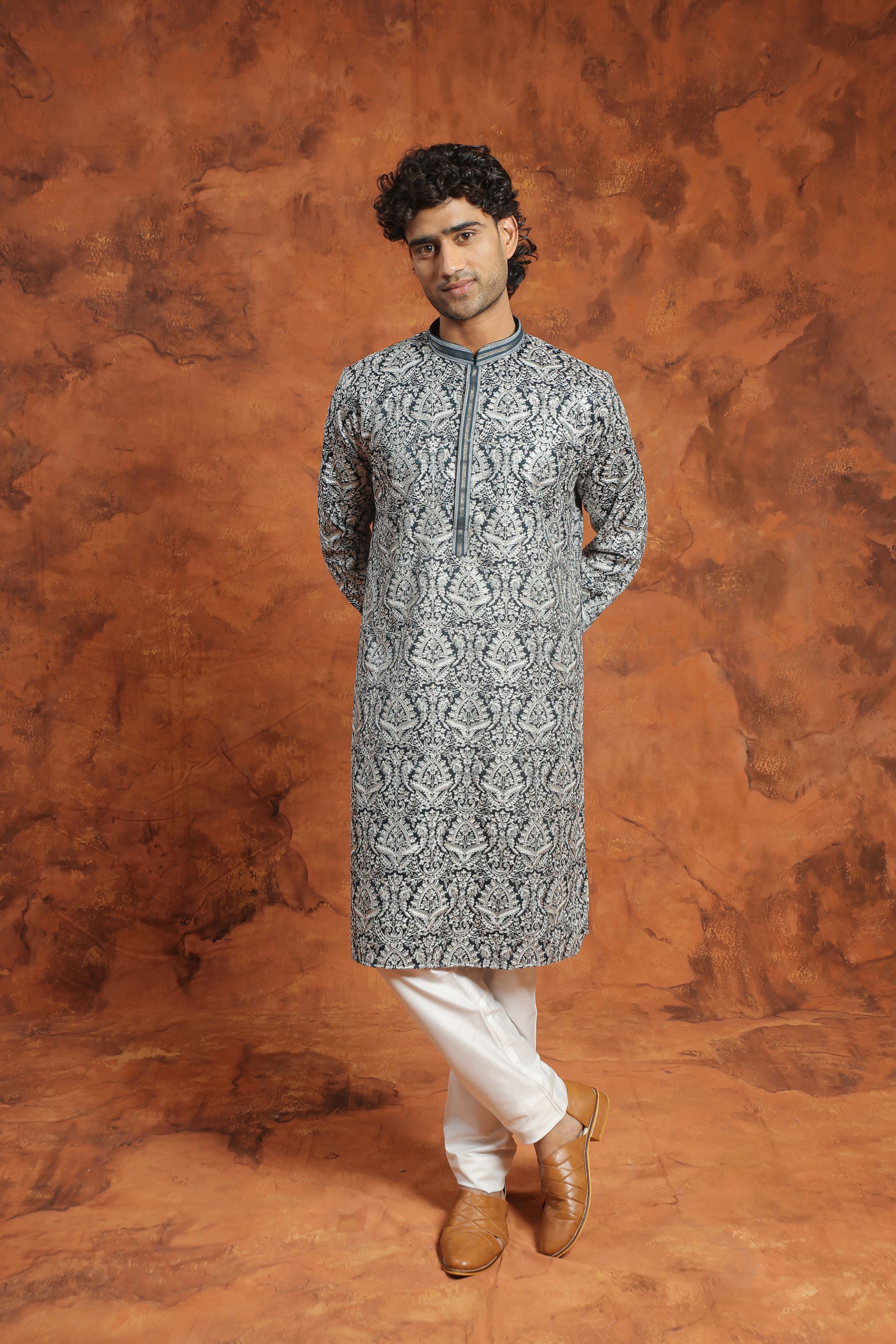 Black and Silver Brocade Kurta