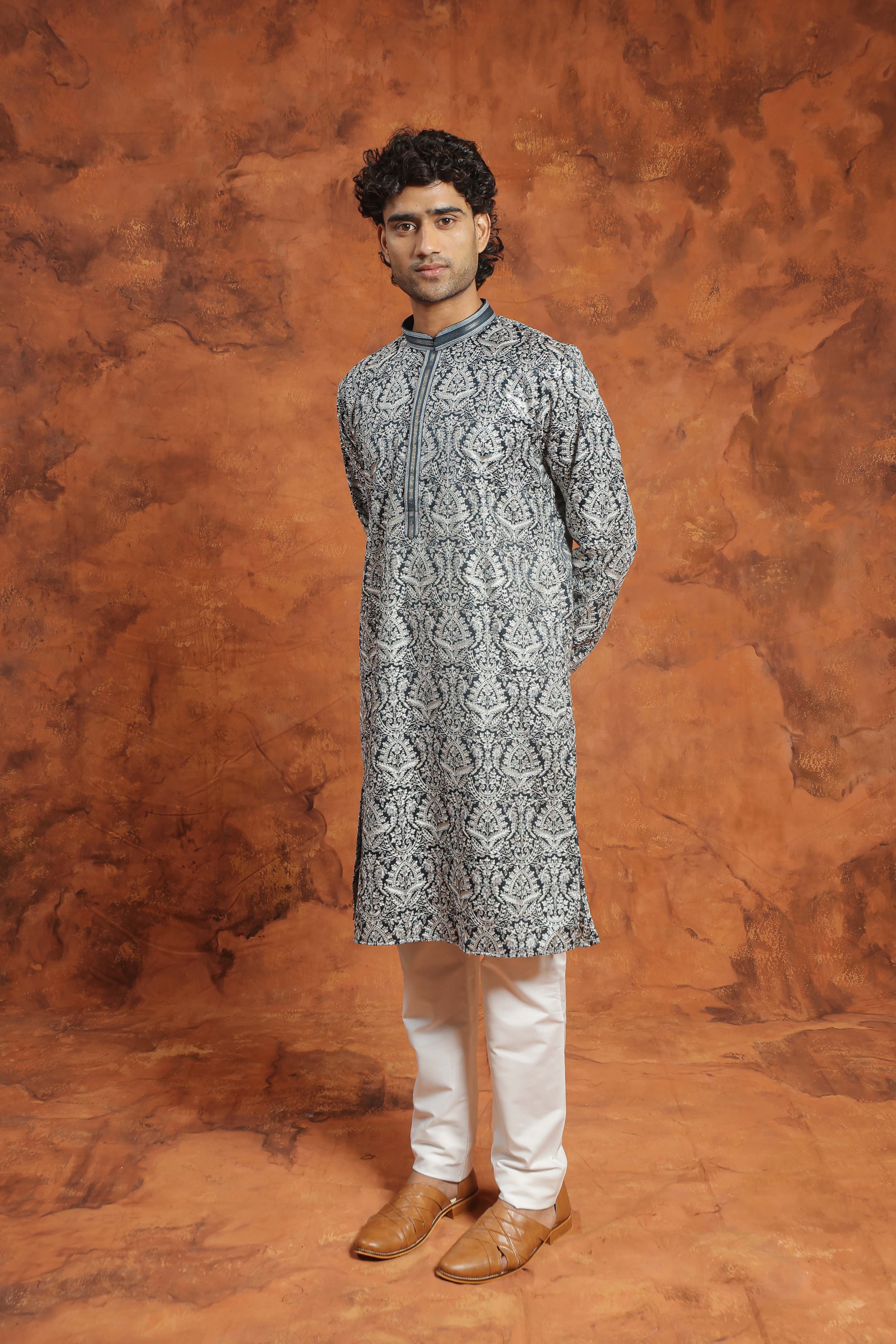 Black and Silver Brocade Kurta