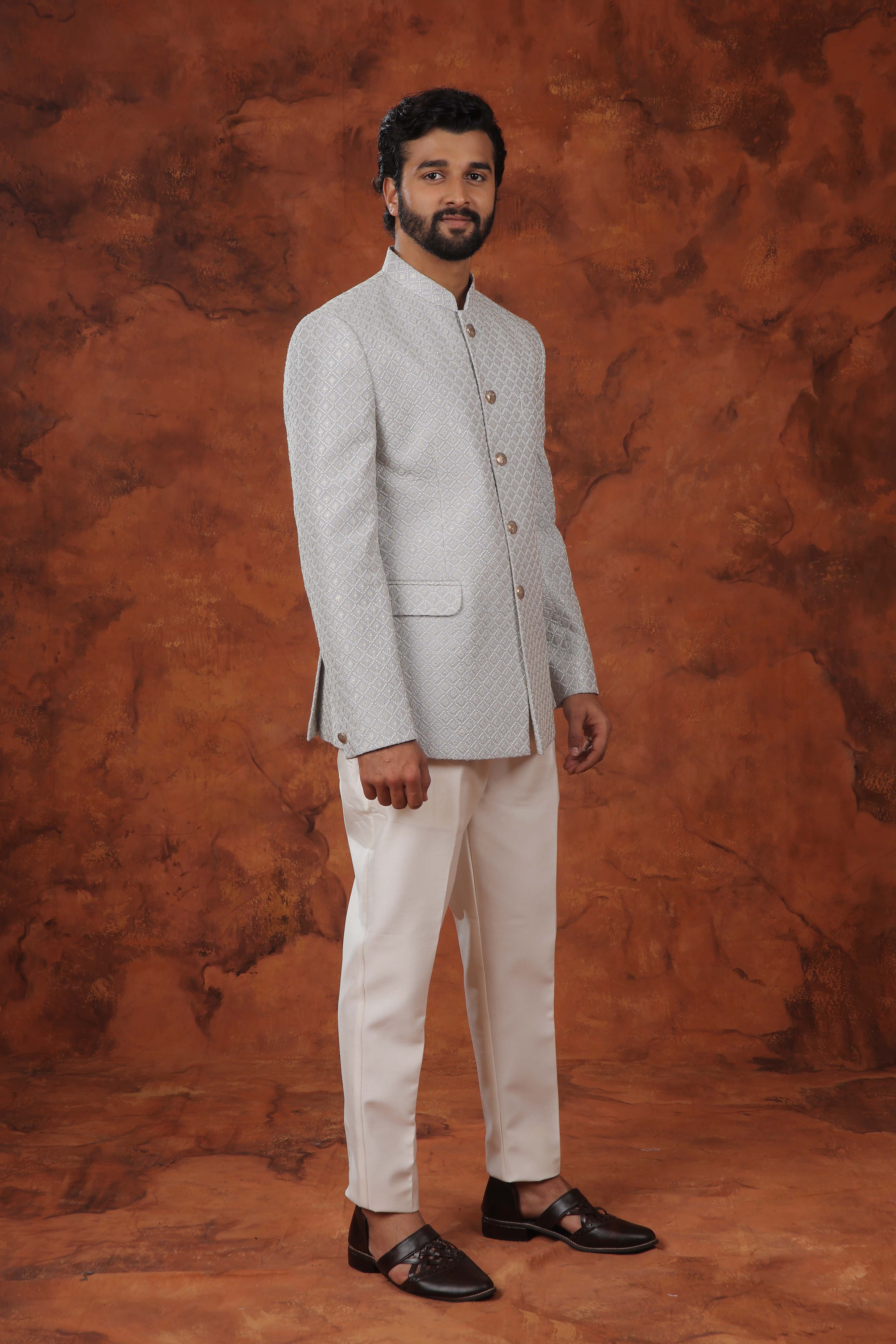 Light Grey Textured Bandhgala Suit
