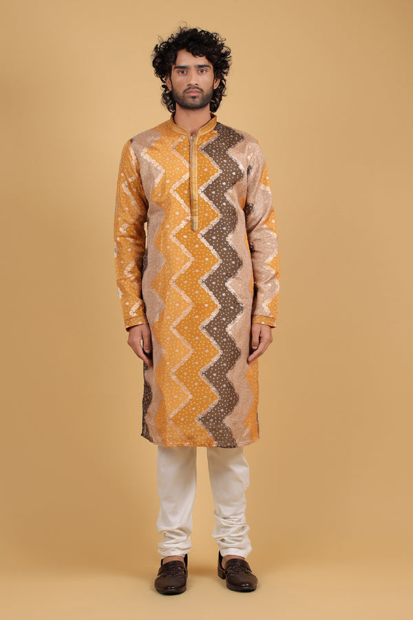 Mustard Bandhej Zari Silk Kurta Set
