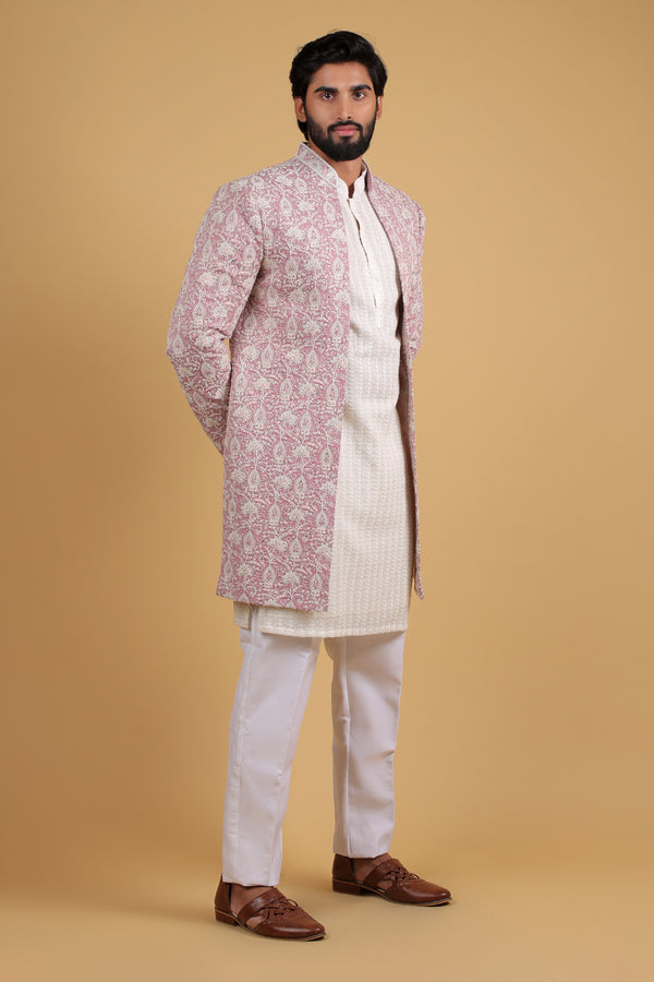 Regal Rose Damask Silk Front Open Indo Western