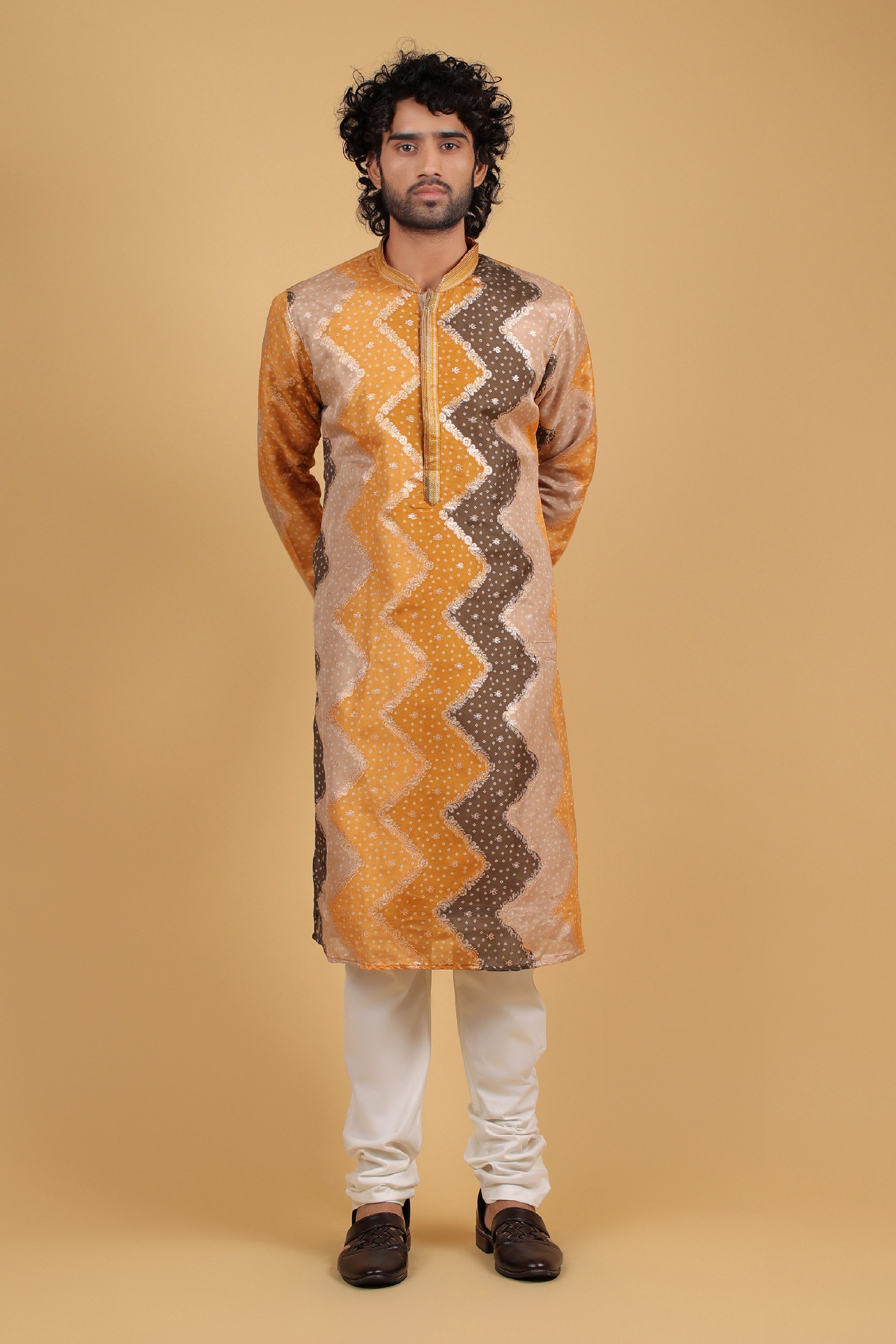 Mustard Bandhej Zari Silk Kurta Set
