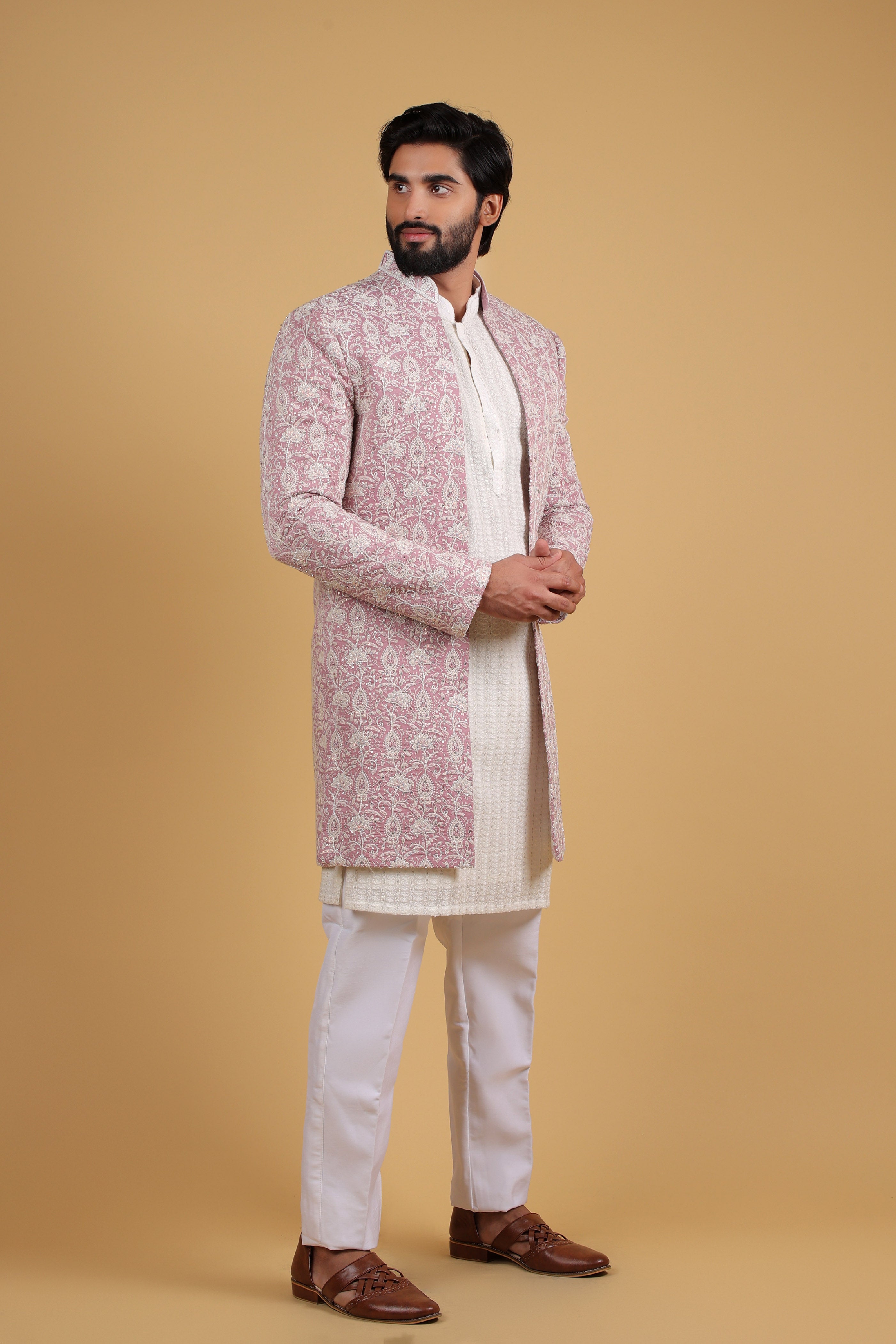 Regal Rose Damask Silk Front Open Indo Western