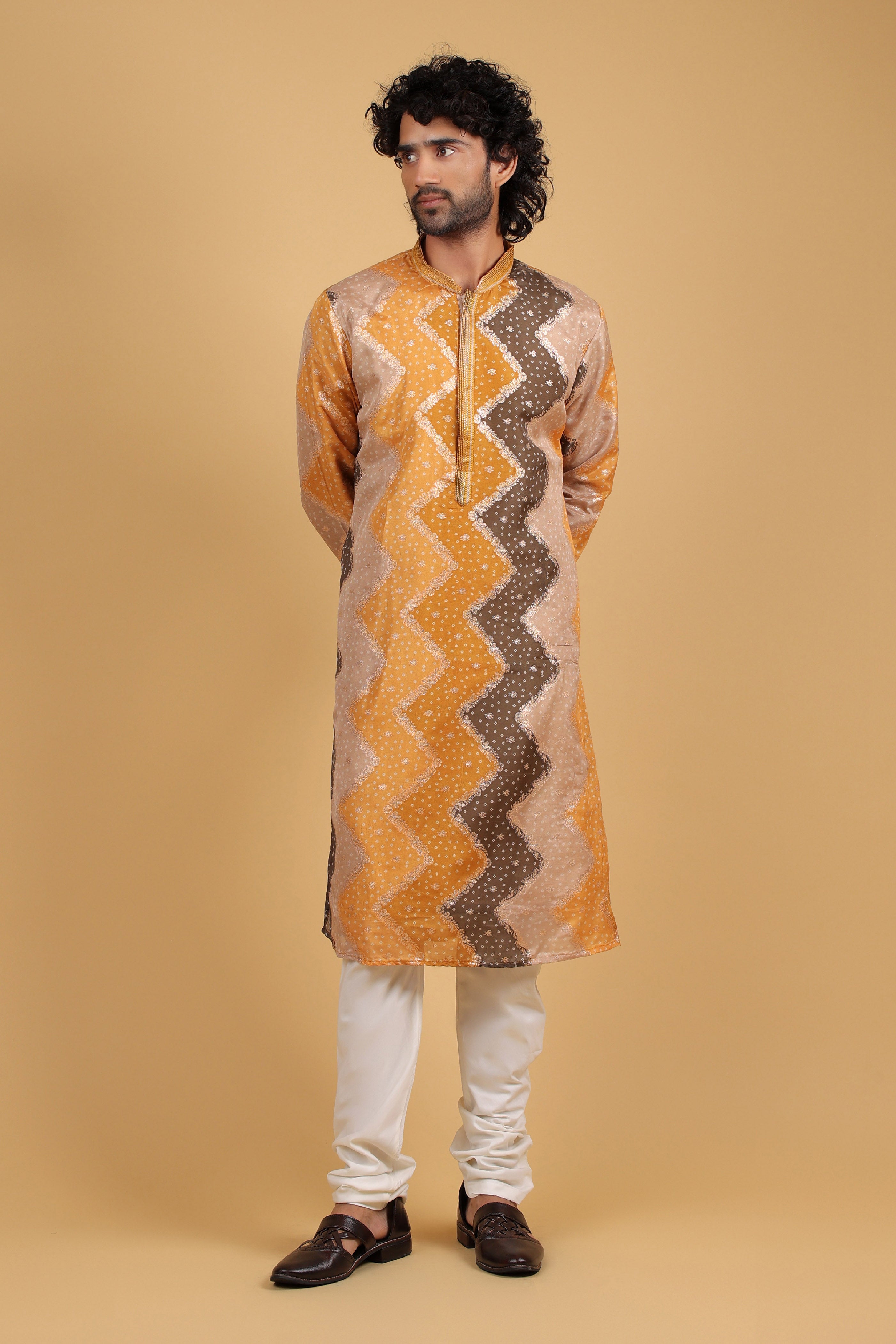 Mustard Bandhej Zari Silk Kurta Set