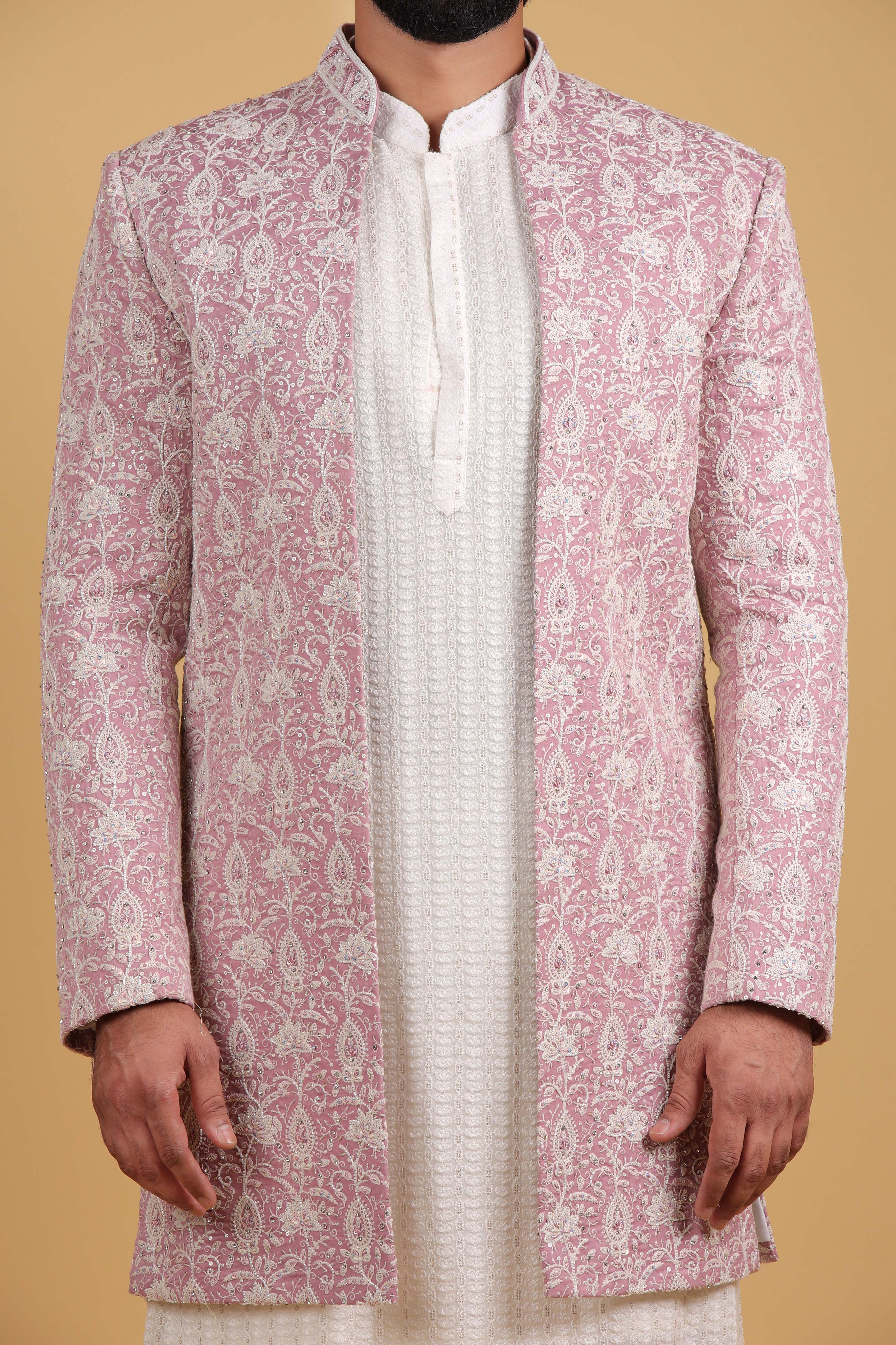 Regal Rose Damask Silk Front Open Indo Western