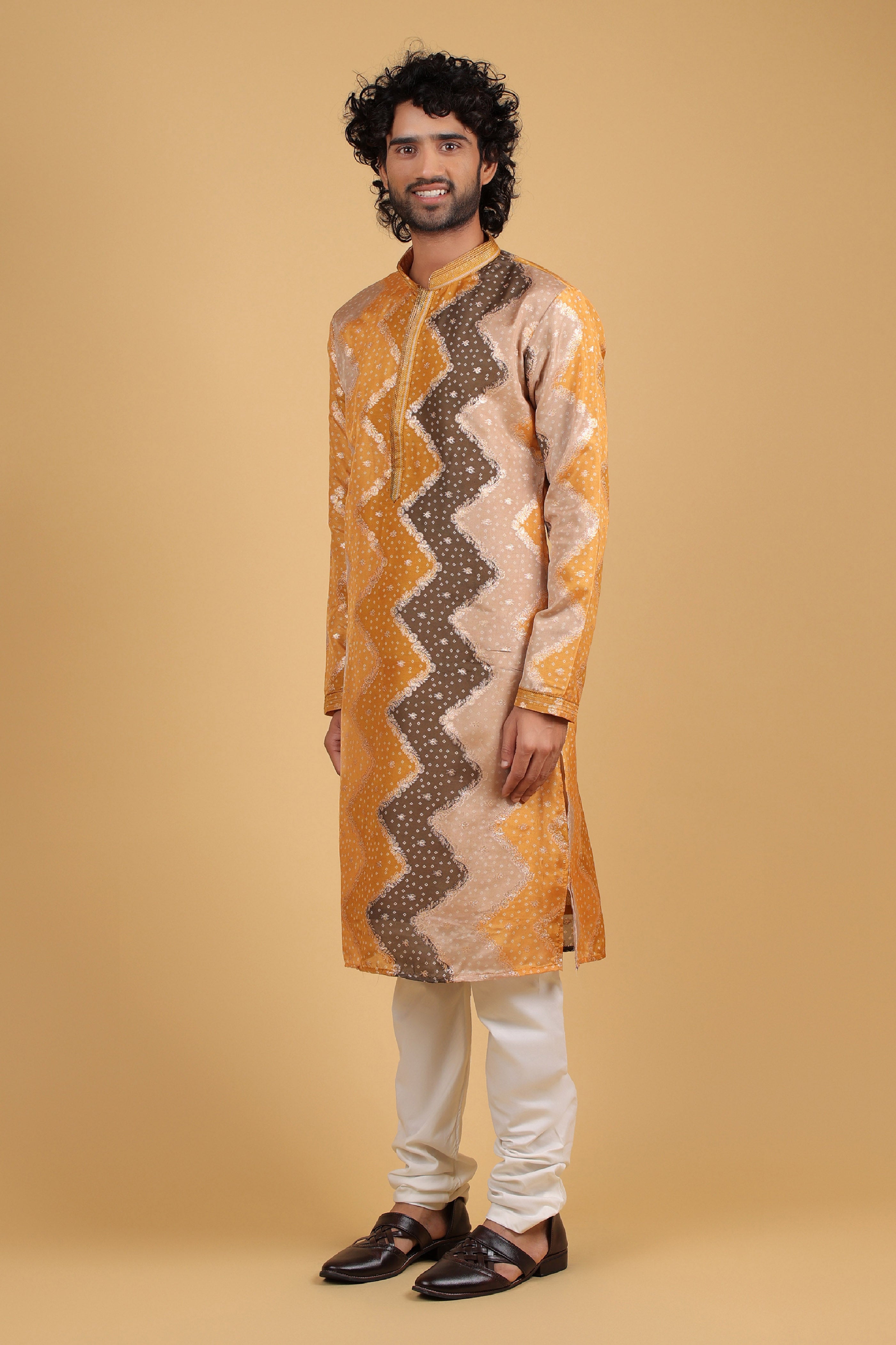 Mustard Bandhej Zari Silk Kurta Set