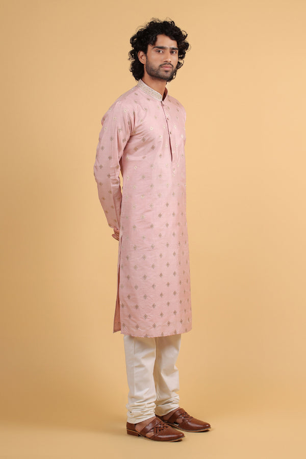 Pink Banarasi Silk Zari Embroidered Kurta