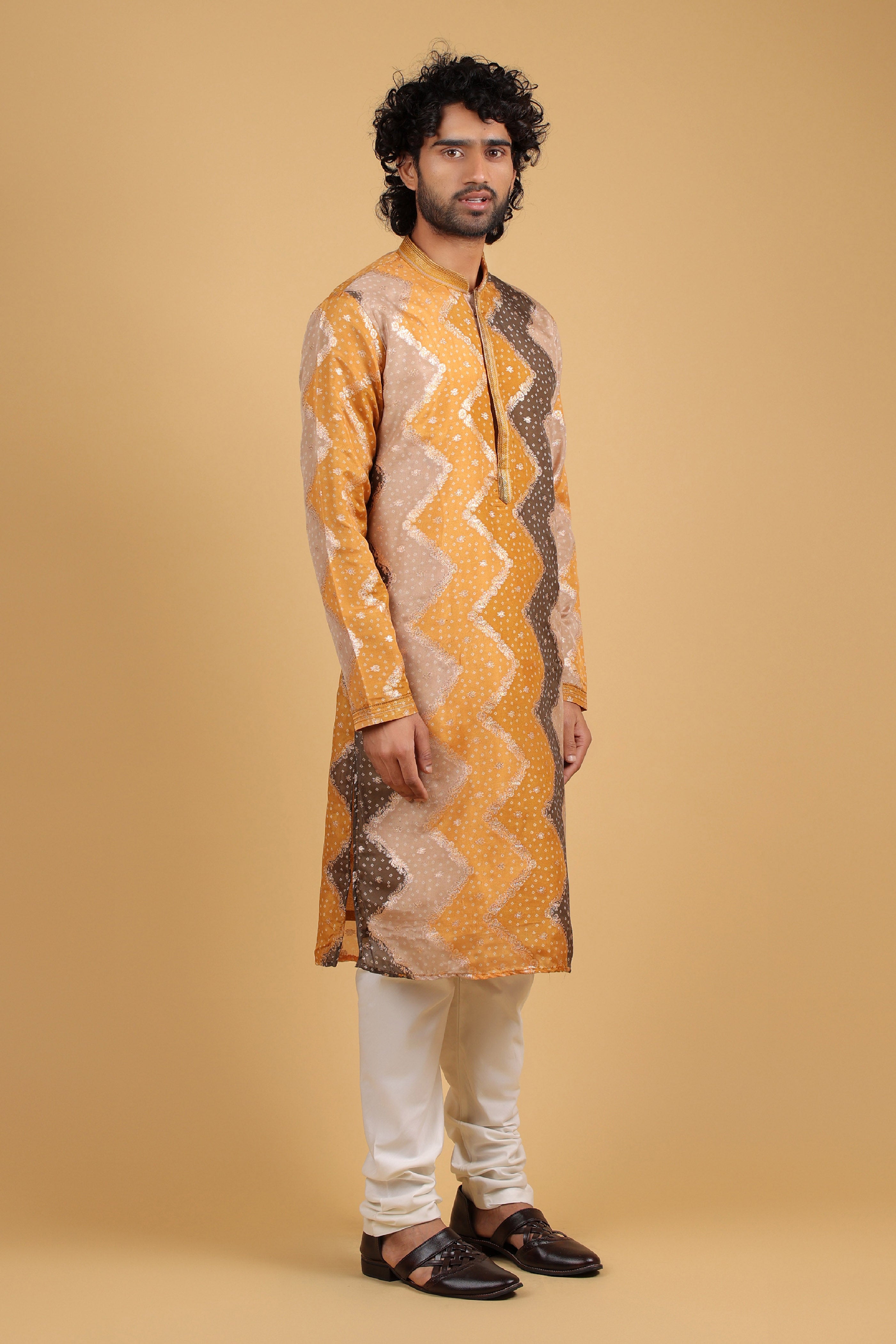 Mustard Bandhej Zari Silk Kurta Set