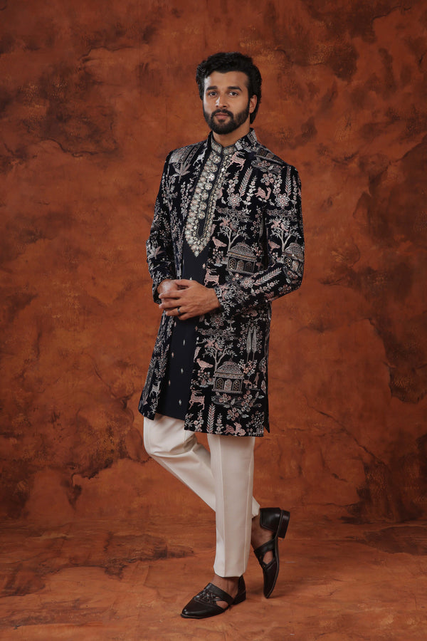 Midnight Elegance Embroidered Indowestern Suit