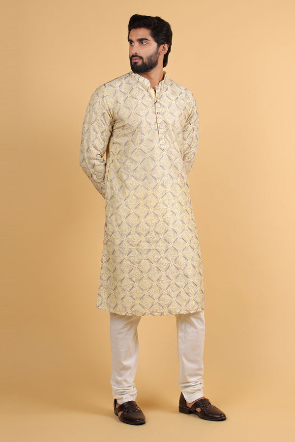 Lime Silk Resham Embroidered Kurta